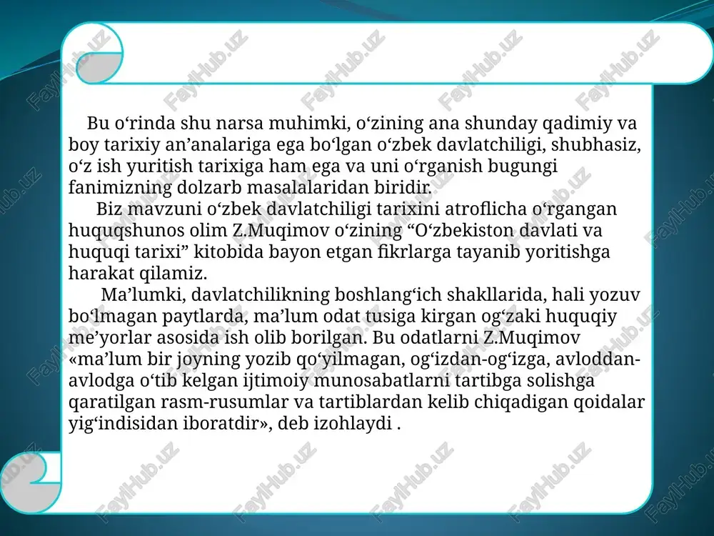 ka egalik, hukmdor saroyiga kirish va turli anjumanlarda o‘tirish o‘rni kabilar. ushbu o‘rinda o‘zbek davlatchiligi tarixida amalda bo‘lgan ayrim ish yuritish qoidalari va hujjatlari to‘g‘risida qisman bo‘lsa-da, ma’lumot berildi.chunki yuqorida ta’kidlab o‘tilganidek, mukammallikka alohida olib borilgan tadqiqotlar tufayligina erishish mumkin. harqalay, shu aytilganlarning o‘zi ham amalda bo‘lgan hujjatlarga shunchaki ijtimoiy munosabatlarni tartibga solish vositasi sifatidagina emas, balki har bir davrda davlatni boshqarish madaniyatining namunasi sifatida qarash imkonini beradi. davlat tizimining barcha bo‘g‘inlarini hujjatlarsiz mutlaqo tasavvur qilib bo‘lmaydi. chunki uning faoliyati aynan ana shu hujjatlar yordamida tartibga solib turiladi va harakatga keltiriladi. shuning uchun ham vaqti-vaqti bilan ish yuritishni takomillashtirishga qaratilgan hukumat qarorlari qabul qilinib boriladi. masalan, shunday qaror o‘zbekiston jumhuriyatining inqilobiy qo‘mitasi tomonidan 1924 yilning 31 dekabrida qabul qilingan bo‘lib (№ 48) «ishlarni o‘zbek tilida yurgizish ham o‘zbekiston jumhuriyatining inqilobiy komiteti huzurida markaziy yerlashdirish hay’ati va mahallalarda muzofot yerlashdirish hay’atlari tuzilish(i) to‘g‘risida» deb nomlangan. shunday qilib, ish yuritishning tarkibiy qismi …