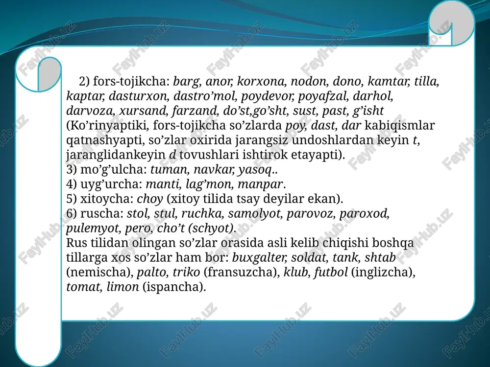 limizga boshqa tillardan kirib kelgan so’zlardir: lisey, institut, universitet. annotasiya. badiiy asar tili hayotni o‘zida aks ettirishda asriy tajribalarga ega bo‘lgan badiiy adabiyot bilan uzviy bog‘liq bo‘ladi. shu sababdan badiiy asar tilini o‘rganish va tahlil qilish unda tildagi turli vositalar qatori chegaralangan qatlam so‘zlaridan biri kasb-hunar leksikasiga oid so‘zlardir. va bunday so‘zlar qo‘llansihiva ma’no jihatidan tahlil qilishni talab etadi. kalit so‘zlar. badiiy asar tili, kasb-hunar leksikasi, lingvopoetik vosita. badiiy nutq bilan badiiy asar tili bir hodisa emas: badiiy nutq adabiy nutqning bir ko‘rinishi, u, albatta, adabiy til me’yorlariga bo‘ysundiriladi; badiiy asar tilida esa adabiy til me’yorlaridan chetga chiqish holatlari ham kuzatiladi. ijtimoiy leksikaning rivojlanish xususiyatlariga asosan quyidagilarni kiritish mumkin: 1) ijtimoiy leksemalarning faollashuvi; 2) ijtimoiy leksemalarning ma'no taraqqiyotiga uchrashi; 3) yangi ijtimoiy o‘zlashmalarning paydo bo‘lishi; 4) ijtimoiy qatlamga mansub yangi yasalmalarning vujudga kelishi. o‘zbek tilining ijtimoiy-siyosiy leksemalari mavzu jihatidan quyidagicha tasnif qilindi. 1. davlat boshqaruviga oid leksemalar; 2. ijtimoiy munosabatlarni …