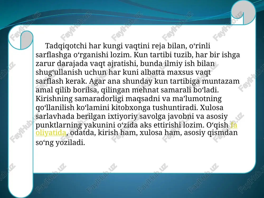 ma’lumotlar, sabablar va xulosalar; d) abzats qismlari o‘zaro qalin shriftli ibora va bog‘lovchilar bilan farqlanadi. abzats tarkibi abzats tarkibining bir-biri bilan bo‘gliqligi matndagi punktlar o‘rtasidagi aloqadorlik. /docprops/thumbnail.jpeg