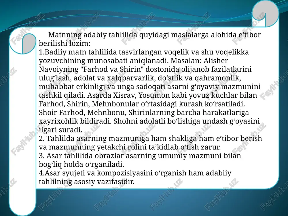 ri, asosan, uning monologi orqali ifodalanadi. bu narsa ijroviy lirika namunalarida, ayniqsa, yaqqol ko‘zga tashlanadi, shuning uchun amaliyotda bunday she’rlar monolog deb ham yuritiladi ( a. oripov. “ hamza”; x. davron. “abulhay so‘zi” ) . sifat jihatidan monologning turli ko‘rinishlari mavjud ( q. badiiy nutq, ichki monolog). tavs’fiy (monologik ) matn so‘zlovchi yoki yozuvchi tomonidan bayon etilgan voqea - hodisa, narsa yoki shaxs tasviri, tavsifi yohud xabar, ma’lumot bayonidir. maqola, insho ham tavsifiy matnning bir turi hisoblanadi. ma’lum voqea - hodisalarga. narsa va shaxsga oid filer - mulohazaga bildirish, ulami badiiy vositalar yoki dalillar bilan ta’riflash, izohlash, isbotlash tavsifiy matnga xos xususiyatlaridandir. shuning uchun bunday matnda belgi-xususiyatni ifodalovchi so‘z!ar, modal so‘zlar, fe’lning funksional shakllari, ravishlar faol qo‘llaniladi. tavsifiy matn yaratishda uyushiq botaklar, ajratilgan gap botaklari, atov gaplar, qo‘shma gap ko‘rinishlaridan keng foydalaniladi. rezyumening asosiy qismlari quyidagilardan iborat: 1. shaxsiy ma’lumot a. ism-sharif (talab qilinadi) b. murojaat manzillari: telefon, email, yashash …