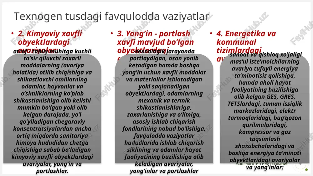 ti natijasida paydo bo’luvchi yer yuzasining o’pirilishi, siljishi; -tuproq va yer ostining sanoat tufayli kelib chiqqan toksikantlar bilan ifloslanishi, og’ir metallar, neft mahsulotlari, shuningdek qishloq xo’jaligi ishlab chiqarishida odamlarning sog’ligi uchun xavf soluvchi kontsentratsiyalarda qo’llanadigan pestitsidlar va boshqa zaharli ximikatlar mavjudligi. 2. atmosfera (havo muhiti) tarkibi va xossalari o’zgarishi bilan bog’liq bo’lgan vaziyatl: -havo muhitining quyidagi ingradientlar bilan ekstrimal yuqori ifloslanishi; -oltingugurt dioksid, dioksid va azotli oksid, uglerodli oksid, dioksin, qurum, chang va odamlar sog’ligiga xavf soluvchi kontsentratsiyalarda antropogen turdagi boshqa zararli moddalar; 3. gidrosfera holatining o’zgarishi bilan bog’liq vaziyatlar: -yer yuzasi va yer osti suvlarining sanoat va qishloq xo’jaligi ishlab chiqarishi oqovalari, neft mahsulotlari, odamlarning zaxarlanishiga olib kelgan yoki olib kelishi mumkin bo’lgan tarkibida og’ir metallar, har xil zararli ximikatlar bor bo’lgan chiqindilar va boshqa zararli moddalar bilan ekstremal yuqori darajada ifloslanishi; vash logotip ili nazvanie iv. lokal, mahalliy, respublika va transchegarali favqulodda vaziyatlar. 5. tabiiy va ekologik tusdagi …