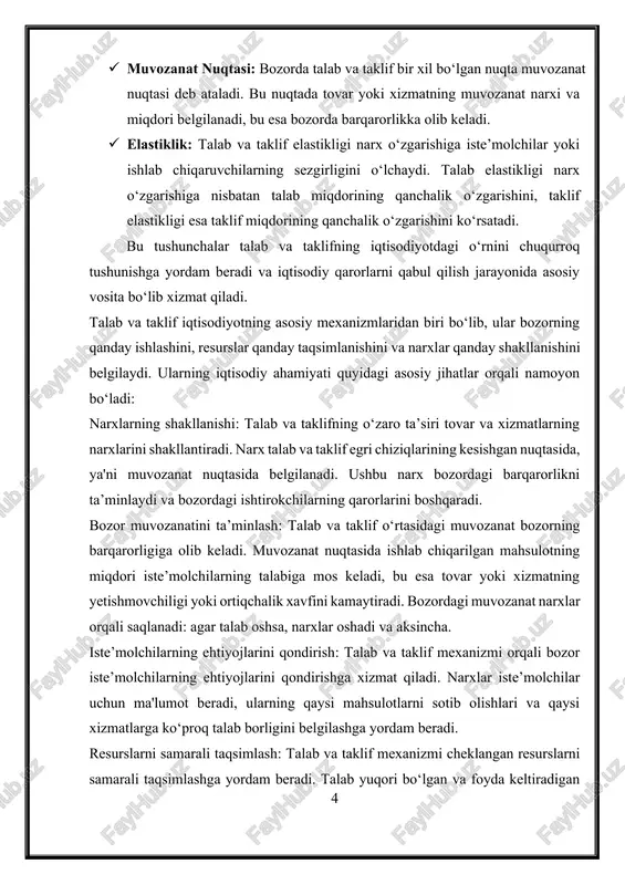ignal sifatida xizmat qiladi: talab va taklif iqtisodiyotni boshqarish uchun birlamchi signal vazifasini bajaradi. talabning oshishi ishlab chiqaruvchilarga yangi imkoniyatlar ochilishi haqida signal beradi va ularni ko‘proq ishlab chiqarishga undaydi, shu bilan birga narxlar kamayganda, taklifning qisqarishi orqali ishlab chiqarish sekinlashadi. davlat siyosatini shakllantirishga yordam beradi: talab va taklif iqtisodiy siyosatni shakllantirishda asosiy omil bo‘lib xizmat qiladi. davlat talab va taklif muvozanatini saqlash orqali inflyatsiya, ishsizlik va iqtisodiy o‘sish kabi iqtisodiy ko‘rsatkichlarni boshqaradi. shu sababli, davlat soliqlar va subsidiya kabi vositalar orqali talab va taklifga ta’sir ko‘rsatadi. talab va taklifning bu kabi ahamiyati iqtisodiy tizimning samarali ishlashini, iste’molchilar ehtiyojlarini qondirishini va iqtisodiy barqarorlikni ta’minlashini kafolatlaydi. 1. talabning ta'rifi va uning iqtisodiy roli talab – iste’molchilarning muayyan bir vaqtda va ma’lum bir narxda tovar yoki xizmatni sotib olishga bo‘lgan xohishi va imkoniyatini anglatadi. boshqacha aytganda, talab iste’molchilar tomonidan bozorga chiqariladigan mahsulot yoki xizmatga bo‘lgan istak va imkoniyatdir. talab o‘zgarishi ko‘plab omillarga, …