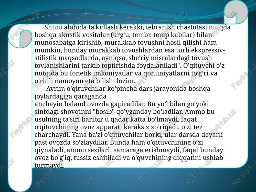 i bilan ajratiladi; j) nutqning xat boshidan yirik qismlari boblarga bo’lib ko’rsatiladi. nutq ma`lum sur`at bilan aytiladi nutq aytilish jarayonida sur’at oshib yoki pasayib turadi. bu ifodali so’zlashga xos xususiyat bo’lib, tinglovchi xulqiga ta`sir etishi, nutqning yaxshi yetib borishini ta`minlaydi. sur`at ifodali nutqning ajralmas bo’lagi. sur`atsiz bir maromda aytilgan nutq lanj, so’lg’il, ta`sirsiz bo’ladi. so’zlashganda ba`zi o’rinlarda sur`atni oshirib borish, jonlantirish, tinglovchilar diqqatini jalb etishdir. nutq texnikasi - deyilganda nutqni tinglovchi yoki o’quvchiga yetkazishda qo’llaniladigan vositalar tushuniladi. nutq ikki xil ko’rinishda bo’lganidan uning texnikasini ikki xil ko’rsatish mumkin. to’xtam – ovozning vaqtincha to’xtashi (dam olishi orqali) bo’lib, bu bir davrda nafas olinadi va nutq a`zolari artikulyatsiyadan to’xtaydi va nutq oqimi uziladi. to’xtam davrida nafas olinadi va nutqning navbatdagi qismini talaffuz etishga hozirlik ko’riladi. to’xtamdan turli maqsadlarda foydalaniladi. nutqning bir nafas tugaguncha aytilgan qismidan so’ng yangi nafas olish uchun qilingan to’xtalish nafasni rostlash to’xtamida o’pkaga xavo to’ldirib olinadi. bunday to’xtam radio, …