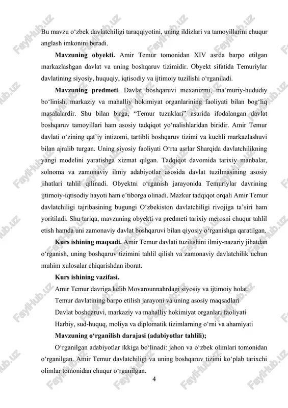 limlaridan a. muhammadjonov va s. rashidov asarlarida temuriylar davrida davlat boshqaruvi, ma’muriy tuzilma va hokimiyat organlarining faoliyati tizimli ravishda o‘rganilgan. a. qayumov va a. hayitmetov asarlarida temuriylar davri siyosiy madaniyati, davlat tuzilmasi va xalq hayotiga ta’siri milliy tarixiy manba sifatida o‘rganilgan. shuningdek, “temur tuzuklari” temur davlatchiligi haqidagi eng muhim huquqiy-harbiy manba sifatida ilmiy izlanishlarning asosini tashkil etadi. so‘nggi yillarda norqulova d. (2024) o‘z maqolalarida temur siyosatining ijtimoiy farovonlik va barqarorlikni ta’minlashdagi o‘rnini tahlil qilgan. shuningdek, kadyrov t. va ismanov a. tomonidan olib borilgan tadqiqotlarda temurning markaziy osiyo tarixidagi roli hamda uning davlatchilik tajribasining zamonaviy ahamiyati yoritilgan. umuman olganda, ushbu manbalar majmuasi amir temur davlatining shakllanishi, boshqaruv tizimi va tarixiy merosini ilmiy-nazariy jihatdan chuqur o‘rganish imkonini beradi. i bob. amir temur davlati shakllanishining tarixiy sharoitlari 1.1. amir temur davriga kelib movarounnahrdagi siyosiy va ijtimoiy holat xiii asr boshlarida chingizxon boshchiligidagi mo‘g‘ul lashkarlarining movarounnahr va xorazmshohlar davlati hududlariga bostirib kirishi o‘rta osiyoning …