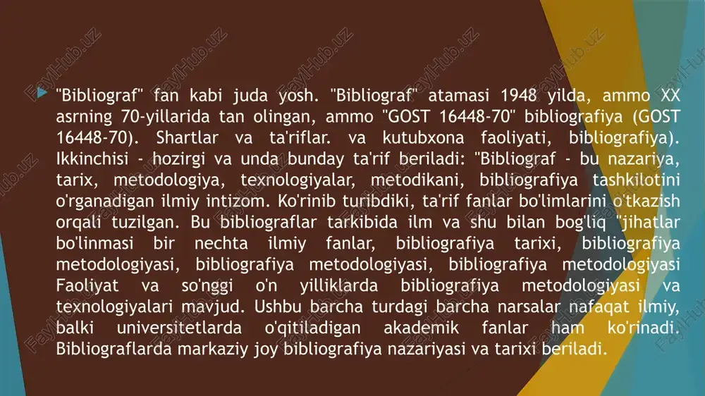 afik ma'lumotlarni qidirishni, saqlash, tarqatishni ratsionalizatsiya qilish; bibliografik faoliyatni birlashtirgan standartlarni ishlab chiqish; an'anaviy va elektron faoliyatning gibrid kombinatsiyasi sharoitida faoliyat usullarini asoslash; bibliografik tadbirlarning sifati va samaradorligini baholash mezonlarini ishlab chiqish. shu bilan birga, ushbu tuzilmalarda ko'pincha bibliografik bo'limlar ishlaydi, ular boshqacha deb nomlanadi, ular bu muassasalarning vazifalariga qarab har xil bo'lishadi. yangi kompyuter texnologiyalari joriy etilishi bilan yangi tashkiliy tuzilmalar paydo bo'ladi, uning vazifalari kelib chiqishi, bibliografik ma'lumotlar bazalari va bibliografik jarayonlarni avtomatlashtirish bo'yicha boshqa ishlarni boshqarish va bibliografik jarayonlarni avtomatlashtirish bo'yicha boshqa ishlarni tartibga solishni o'z ichiga oladi. tashkilot va boshqaruv nuqtai nazaridan ularning faoliyatini o'rganish muhimroq. umumiy va xususiy bibliografiya texnikasi mavjud. umumiy texnikasi u uslubiy muammolar bilan shug'ullanadi, bibliografiya va umuman bibliografik faoliyatning turli jarayonlarida ishlatiladigan uslubiy echimlarda umumiylik va o'xshashliklarning xususiyatlarini ajratib turadi va o'rganadi. xususiy texnikasi bibliografik ish jarayoni (izohli qidiruv usuli, turdagi navlar, turdagi bibliografik qidiruv usullari (bosma qidiruv usuli) uchun uslubiy …