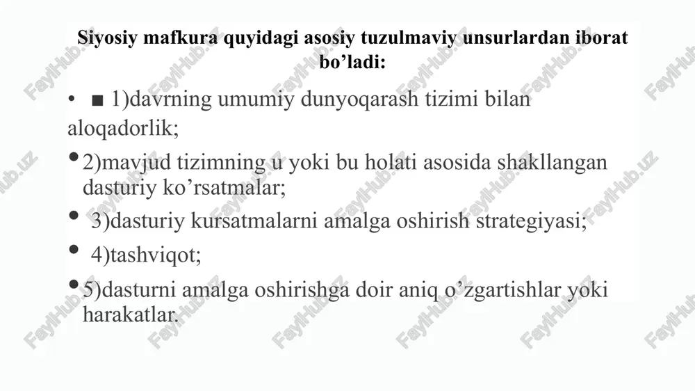 xarakterli belgilari materialistik talkin etish ijtimoiy xodisalarni taxlil ishda mexnatkashlar ommasi, butun xalk manfaatlari nuktai nazaridan yondashish xozirgi va kelajak maksadlarining insonparvarlik xarakteri ijtimoiy birdamlik tarixiy kelajakka ishonish 1 g -asosiy siyosiy foyalari ----► siyosiy xokimiyat shakli sifatida xar kanday diktaturani inkor etish ----► siyosiy institutlarni saylash tamoyiliga berilish ----► muxim muammolarni xal etishda siyosiy plyuralizm va uzaro kelishuvga intilish ----► kuyilgan maksadlarga erishishda tinch, demokratik vositalarning ustuvorligi ----► iktisodiyot va bozor mexanizmlarini rivojlatirishda davlatning muvofik-lashtirish tamoyilini e'tirof etish ----► mexnatkashlar ommasini ijtimoiy ximoyalash tamoyiliga berilish ----► turli xil davlatlarnng uzaro tinch yashashi va ularning xavfsizligiga intilish sosializm mafkuraning keng qirralarini aks ettirib, u o’zida kommunizm, afrikacha millatchilik, g’arbcha sosial-demokratiya va fashizmning ba’zi belgilarini qamrab olgan. sosializm xix asrdagi kuchli sanoatlashish sharoitida ishchilarning og'ir turmush sharoitiga nisbatan reaksiyasi sifatida paydo bo'lib, siyosiy oqimga aylandi. «sosializm» atamasi birinchi marta 1827 yilda buyuk britaniyada ilk bora qo'llanilgan. xix asrning 40-yillariga kelib, bu …