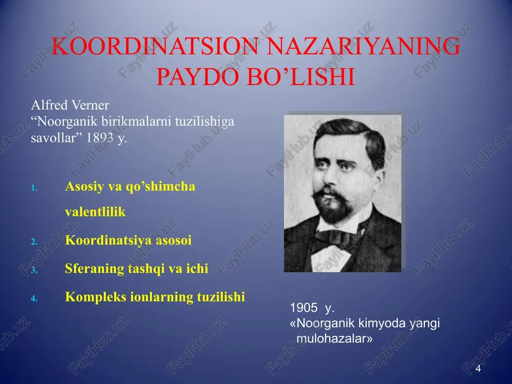 w. medinfo home. ml. org.: http: // www. bankreferatov. ru; http: // www. 5 ballov. ru; http: // www. referat. ru. 19 e’tiboringiz uchun rahmat !!! 20 image3.jpeg image4.jpeg image5.jpeg image6.jpeg image7.jpeg image8.jpeg image9.jpeg image10.jpeg image11.jpeg image12.jpeg image13.jpeg image14.png image15.png image16.png image17.png image18.jpeg image19.jpeg image20.jpeg image21.wmf oleobject1.bin image22.emf image1.jpeg image2.jpeg 4 lg lg d a ³ b - b «pogona» tuzilmaviy - mantikiy chizma ( savol ) kompleks birikmalar kompleks ion zaryadi ligandning tabiati kationli anionli ammiakat neytral akvokomp leks gi drokso kompleks