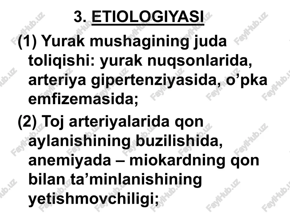 da qon haydalishi qiyinlashadi, bu holat o’pka tomirlarining keskin to’lishini, bronxlar shilliq qavatida shish va spazm rivojlanishini, markaziy nerv sistemasining qon bilan ta’minlanishi va o’pkada gaz almashinuvining buzilishini vujudga keltiradi. 3. klinik ko’rinishi. (1) o’tkir chap qorincha yetishmovchiligi yurak astmasi xuruji bilan namoyon bo’ladi va o’pka shishi bilan yakunlanishi mumkin. (2) o’tkir o’ng qorincha yetishmovchiligi – katta qon aylanish doirasida dimlanish belgilari bilan xarakterlanadi. (3) o’tkir total yurak yetishmovchiligi to’satdan paydo bo’ladi va yurak faoliyatining tez rivojlanuvchi susayishi, darmonsizlik, hansirash, sianoz, o’tkir jigar yetishmovchiligi va dimlanishi, arteriya bosimining pasayishi bilan kuzatiladi. qon aylanishi buzilishining simptomlari bilan bir qatorda o’tkir yurak yetishmovchiligini vujudga keltiruvchi asosiy kasallik belgilari ham bo’ladi. 5. qiyosiy tashxisi. a. bronx astmasi. b. miokard infarktining asmatik turi. 6. davosi o’tkir yurak yetishmovchiligini davolash gemodinamika buzilishini tiklashga va etiologik omillarni bartaraf qilishga qaratiladi. yurak astmasi xurujini to’xtatish maqsadida 1 foizli morfin gidroxlorid eritmasidan 1 ml yoki 2 foizli promedol …