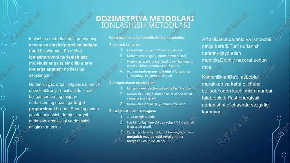 ni o‘rganishda. radiobiologiya va tibbiyotda (o‘sma hujayralar, qon hujayralari sezgirligi). radiatsiya xavfsizligi bo‘yicha chegaraviy dozalarni belgilashda. misollar: mikroorganizmlar va o‘simliklar tajribasi nurlanish ta’sirida hujayra bo‘linishi va o‘sishi o‘zgaradi. hayvon tajribalari qon tarkibi, suyak iligi va immun tizimdagi o‘zgarishlar qayd etiladi. odam organizmi kuzatuvlari radioterapiya va radiatsiya avariyalarida qayd etilgan biologik oqibatlar. afzalliklari: nurlanishning haqiqiy biologik ta’sirini ko‘rsatadi. doza va tirik organizm o‘zgarishi orasidagi bog‘lanishni aniqlash mumkin. kamchiliklari: juda uzoq va murakkab jarayon. tajribalar ko‘pincha hayvonlar va hujayralarda amalga oshiriladi. amaliy, kundalik dozimetriya uchun mos emas. dozimetrik asboblar tasnifi vazifasiga ko‘ra (dozimetrlar, radiometrlar, spektrometrlar) dozimetrlar vazifasi: odam yoki muhit olgan radiatsiya dozasini o‘lchash. xususiyati: vaqt davomida to‘plangan nurlanish miqdorini ko‘rsatadi. qo‘llanishi: shaxsiy himoya vositasi sifatida, xodimlar tanasiga taqib yuradi. misollar: shaxsiy dozimetrlar (film-dozimetr, tld – termolyuminestsent dozimetr). radiometrlar vazifasi: radioaktiv manbalardan chiqayotgan nurlanish intensivligini aniqlash. xususiyati: tezkor ishlaydi, radiatsiya mavjudligini aniqlash uchun ishlatiladi. qo‘llanishi: atrof-muhitda, oziq-ovqatda yoki suvda radioaktiv zarrachalarni aniqlash. …