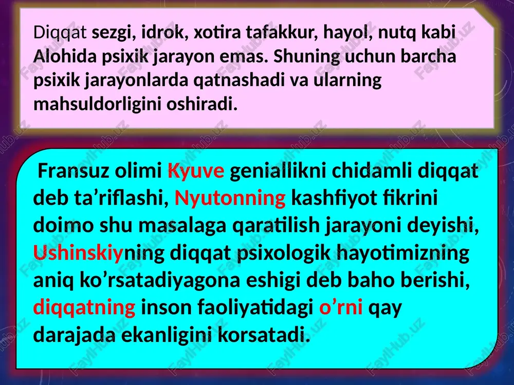 i obyektiv hodisalar bilan taqqoslashsezgi organlarining ustanovkasidan- ishlash vaziyatidan iborat k.n.kornilov diqqatni biror bir obyektga tanlab yo’nalishiununi fenomenologik harakteridir. bunday fenomemenologik harakteristikada ham diqqatning tabiati va xususiyatlari ochilmay qolaveradi s.l.rubinshteyn k.d.ushinskiyning fikricha diiqat ruhiy hayo- timizning shunday yagona eshiigidirki, ongimizga kiradigan barchasi shu eshik orqali o’tib kiradi. diiqqat obyektni to’la va aniq idrok qilish qobiliyatiga ega. ziyraklikning qator sabablariga oldin idrok qilingan obyekt izlarining ahamiyatidan tashqari, ushinskiy taassurotning kuchi va to’plangan aktlarni boshqara olishni ko’rsatadi. bolaning rivojlanishi uning diqqatini to’g’ri yo’nal- tira bilishligini ushinskiy ko’rsatadi. diqqatning pedagogik psixologiyada o’rganilishi l.s.vigotskiy diqqat muammosini o’rganishda ijtimoiy va genetik nuqtayi nazaridan yondashdi. ixtiyoriy diqqqatni tasqi simmular vositasida nutq funksiyasini yo’naltirish deb tushuntirdi. a.n.leontev bolalarda diqqat formalarini tahlil qilib, 3ta bosqich mavjud ekanligini ko’rsatdi. 1. natural bevosita, to’g’ridan to’g’ri aktlardan iborat. tashqi belgining ahamiyatini egallash, tushuna bilishlar turadi. tashqi taassurotlarning ichki tasirlariga aylanish jarayoni bilan bog’liq bo’lib bu asosan katta yoshdagi kishilarda bo’ladi bola …
