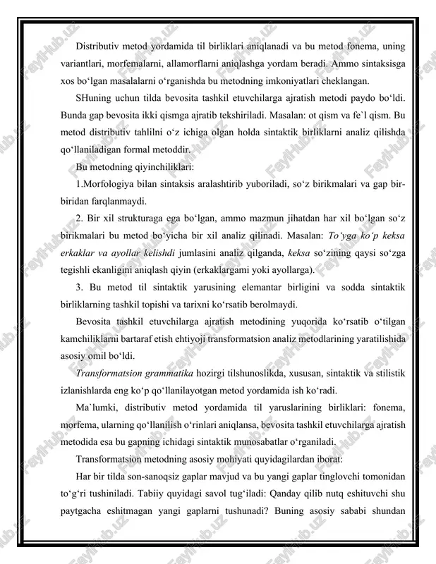 i transformatsion grammatikada yadro gaplar deb ataladi. bu model asosida tuzilgan gaplar o‘sha yadro gapning transformasi hisoblanadi. transformatsion analizning asosiy maqsadi tilda mavjud bo‘lgan son-sanoqsiz gaplarning ma`lum sondagi sintaktik modellari-yadro gaplardan tuzilganini o‘rganadi. transformatsion metodning asosida til tizimi sintaktik yarusning o‘zi bir necha kichik sistemalardan tashkil topadi, degan g‘oya yotadi. bulardan biri asosiy yadro gap bo‘lib, ikkinchisi esa yadro gaplardan hosil bo‘lgan transformalardir. transformalarning yadro gaplardan hosil bo‘lishini o‘rganish jarayoni transformatsion analiz deyiladi. 2.grammatik kategoriyalar va ularning qo’llanish usullari grammatik kategoriya - 1) maxsus koʻrsatkichlar yordamida soʻzlarning oʻzgarishi, birikish va gap hosil qilish qoidalariga asoslangan umumgrammatik tushuncha. grammatik kategoriya grammatikaning qaysi sohasiga oidligiga koʻra morfologik va sintaktik kategoriyaga boʻlinadi. sintaktik kategoriyalar morfologik kategoriyaga teng boʻlmaydi. masalan bizning oila — toʻq oila. bu jumlada morfologik jihatdan toʻrt soʻz, uch xil soʻz turkumi bor (olmosh, ot va sifat, ot), sintaktik jihatdan esa faqat ikki boʻlak — ega va kesim mavjud. fe'lda 3 …
