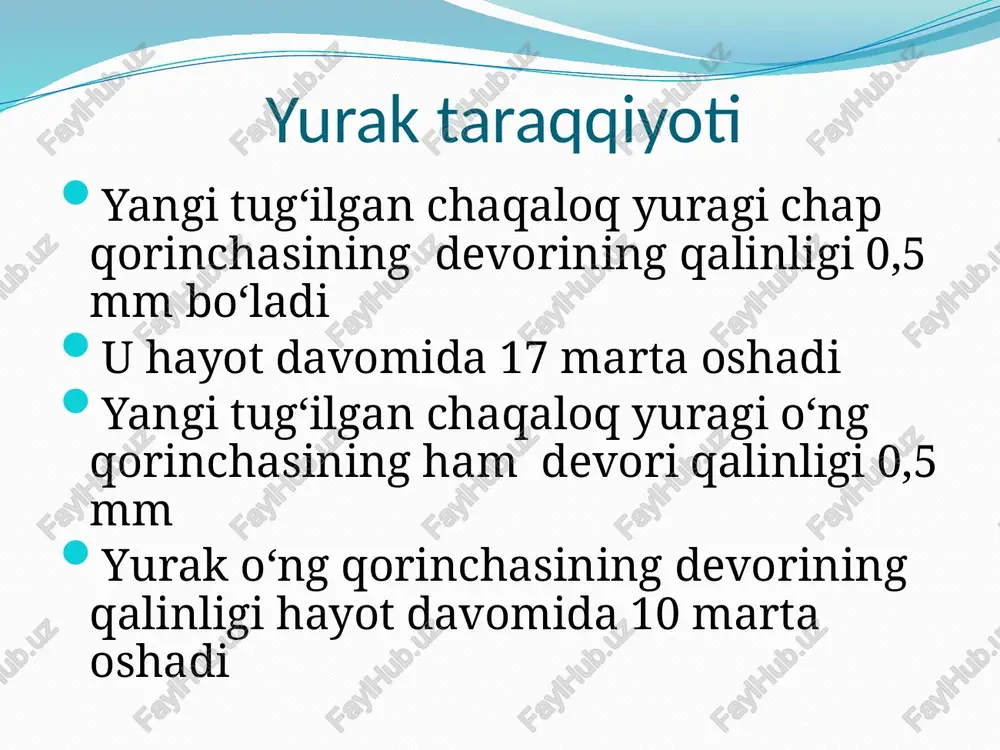 gi tartibda eshitiladi: 1-nuqta – yurak cho‘qqisi, yurak cho‘qqi turtkisi sohasi – mitral klapanni eshitish nuqtasi 2-nuqta – to‘shdan o‘ng tomonda ii qovurg‘a oralig‘i – aorta klapanini eshitish nuqtasi 3-nuqta – to‘shdan chap tomonda ii qovurg‘a oralig‘i – o‘pka arteriyasi klapanini eshitish nuqtasi 4-nuqta – xanjarsimon o‘simta asosida o‘ng tomonda – 3 tavaqali klapanni eshitish nuqtasi 5-nuqta (botkin-erb nuqtasi) – chap tomonda iii-iv qovurg‘alarni to‘shga birikkan joyi – aortal va mitral klapanlarni qo‘shimcha eshitish nuqtasi a – mitral klapan b – aorta klapani v – o‘pka arteriyasi klapani g – uch tavaqali klapan 1 yoshdan katta bolalar uchun normal arterial bosim formulasi o‘rtacha sistolik bosim: 90+2n o‘rtacha diastolik bosim: 60+n maksimal sistolik bosim: 105+2n maksimal diastolik bosim: 75+n minimal sistolik bosim: 60+2n minimal diastolik bosim: 60+n izoh: n – bolaning yoshi qiz bolalar uchun topilgan sistolik bosimdan 5 ni ayirish kerak molchanov boyicha sistolik bosim formulasi sistolik bosim uchun molchanov …