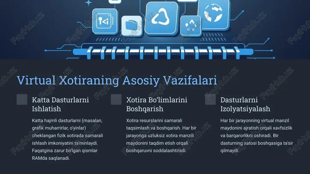 mos ravishda monitoring va sozlash zarur. 10 xulosa: virtual xotira — zamonaviy operatsion tizimlarning yuragi virtual xotira zamonaviy hisoblash muhitining ajralmas qismi bo‘lib, dasturlarning hajmiga qaramay, ularni barqaror va samarali ishlashini ta’minlaydi. 1 kengaytirish va boshqaruv fizik xotira imkoniyatlarini samarali kengaytiradi va murakkab xotira manzilini boshqarishni soddalashtiradi. 2 barqarorlik dasturlar izolyatsiyasini ta'minlab, tizimning umumiy barqarorligi va ishonchliligini oshiradi. 3 kelajak istiqbollari virtualizatsiya, konteynerlashtirish va bulutli texnologiyalarning o‘sishi bilan virtual xotira boshqaruvi yanada rivojlanadi va optimallashtiriladi. 11 e’tiboringiz uchun rahmat! image1.png image2.png image3.png image4.png image5.svg image6.png image7.svg image8.png image9.svg image10.png image11.png image12.png image13.png image14.png image15.png image16.png image17.png image18.png image19.png image20.png image21.svg image22.png image23.svg image24.png image25.png image26.png image27.png image28.png image29.svg image30.png image31.svg image32.png image33.svg image34.png image35.png