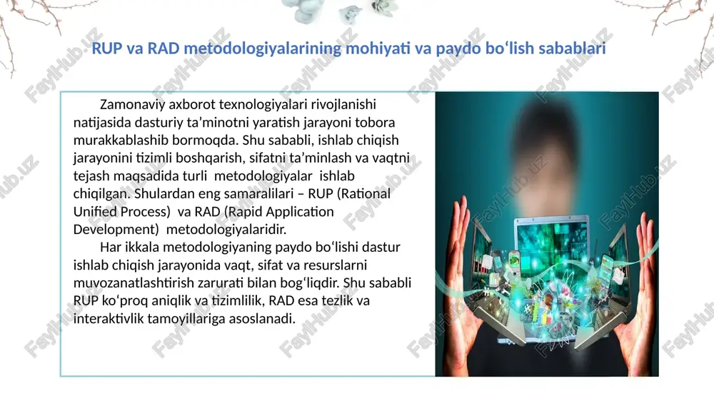 d (rapid application development) metodologiyasi rad modelining yuragi — prototiplash jarayonidir. ya’ni, dastur tayyor bo‘lmasidan oldin uning namunasi (prototipi) yaratiladi va foydalanuvchi bu prototip orqali tizimning ishlashini ko‘rib, o‘z fikrini bildiradi. shu tarzda: ishlab chiqish jarayoni qisqa iteratsiyalar bilan olib boriladi, har bir iteratsiyada foydalanuvchi fikriga asoslanib o‘zgarishlar kiritiladi, yakunda dastur foydalanuvchi talablariga to‘liq mos keladi. bu yondashuv “tez ishlab chiqish – sinov – takomillashtirish” sikli orqali samaradorlikni oshiradi. radning tezkor prototiplashga asoslangan modeli rad jarayonining asosiy bosqichlari foydalanuvchi bilan bevosita muloqot qilinadi, tizimning asosiy maqsadi va funksional ehtiyojlari belgilanadi. tahlil (talablarni aniqlash) tizimning dastlabki modeli tuziladi. dizayn jarayoni qat’iy emas — foydalanuvchi fikriga qarab o‘zgarib boradi. dizayn (tizimni loyihalash) rad metodologiyasining eng muhim qismidir. prototiplash (ishchi namunani yaratish)text here oxirgi bosqichda tayyor dastur to‘liq testdan o‘tkaziladi, aniqlangan xatoliklar bartaraf etiladi va tizim ishchi holatga keltiriladi. sinov (testlash va joriy etish) foydalanuvchi ishtirokining ahamiyati rad metodologiyasining eng kuchli tomoni — …