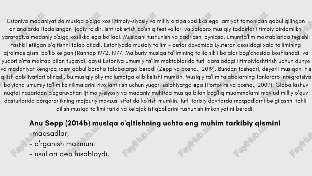 va umumiy musiqa faoliyatlarida oldin olingan bilim va ko'nikmalarni tatbiq etishlari kerak edi. asosiy maktab musiqa ta'limi o'quv dasturi o'quv maqsadlariga o'xshab, gimnaziyada musiqa tajribalari orqali o'quv jarayonining boyitilishiga ahamiyat berilgan. lmiy tadqiqotlar musiqaning bolalar psixologik rivojlanishiga ijobiy ta’sirini ko‘rsatmoqda. 2019-yilda estoniyaning tartu universitetida o‘tkazilgan tadqiqotda (j. mäeots va boshq.) musiqiy tarbiya bilan muntazam shug‘ullangan o‘quvchilar boshqalarga nisbatan yuqori emotsional aql, kuchli ijtimoiy ko‘nikmalar va past stress ko‘rsatkichlariga ega ekani aniqlangan. xoriy kuylash orqali jamoada ishlash, o‘zini erkin ifoda qilish va o‘zaro hurmatga asoslangan munosabatlar shakllanadi. ayniqsa, introvert bolalar uchun musiqa o‘z fikrini emotsional va estetik tarzda bayon qilish vositasi bo‘lib xizmat qiladi. estoniya musiqa ta’limi tajribasi boshqa mamlakatlar tomonidan ham o‘rganilmoqda. xususan, 2018–2022-yillarda estoniya ta’lim va madaniyat vazirligi hamkorligida tashkil etilgan nordic-baltic music education forum orqali shvetsiya, norvegiya, latviya va litva pedagoglari estoniya xor pedagogikasi, raqamli musiqiy vositalarni o‘qitishga integratsiya qilish bo‘yicha tajriba almashganlar. estoniya bolalar xor jamoalari muntazam …
