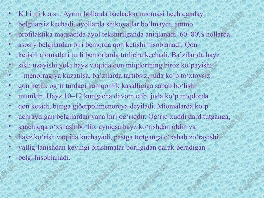 10–30%) tuxumdonga, asosan, oshqozon va ichak rakidan limfa va qon orqali o‘tadi. shuning uchun tuxumdonda siljimaydigan, notekis, qattiq konsistensiyali o‘sma topilsa, albatta, oshqozon ichak yo‘llarini endoskopiya, irrigoskopiya, rentgenografiya usullari bilan tekshirish kerak. chunki, metastazli rakni operatsiya yo‘li bilan davolab bo‘lmaydi. image3.png image4.png image5.png image1.jpeg