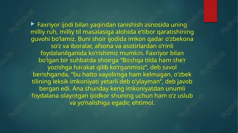 oda ta’sirchan chiqishi har qanday ijodkor o‘z tilini nafaqat adabiy tildagi, balki shevaga oid so‘zlar bilan ham boyitadi. chunki, sof adabiy tilda yozilgan asar sun’iylikka yuz tutib, o‘quvchini zeriktiradi. shuning uchun ham ijodkor o‘z badiiy tilini shevaga xos so‘zlar, shoirona topilmalar yordamida boyitiladi. “she’r – shoir ijodining mahsuli. shoir – jamiyatning bir parchasi, uning ijtimoiy, maishiy, madaniy hayot tarzidan ta’sirlanib yashagan inson. bas, shunday ekan, jamiyat hayotidagi u yoki bu darajadagi o‘zgarishlar shoir ijodida u yoki bu shakldagi janr va ifoda yo‘sinlarini paydo qiladi.”5 darhaqiqat, shoir o‘zi yashab turgan makon va zamondan ilhom oladi, o‘z davridagi ijtimoiy muammolarni ko‘tarib chiqadi va bu, albatta, ijodkorning badiiy tiliga ham o‘z ta’sirini ko‘rsatadi. faxriyor ijodida ham bu holat o‘z ifodasini topgan. she’rlarda “ucell bilan beelinening arqog‘i bo‘sh to‘lqinlaridan” yoki “wifi yoki email bilan uzatay desam” kabi zamonaviy qatlam so‘zlaridan foydalanganligi shoirning zamon bilan hamnafas ekanligidan dolalat beradi. like, dislike, website, virtual to‘y kabi …