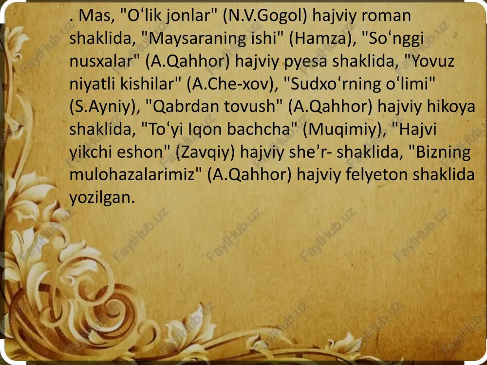 rida ko‘rishimiz mumkin. bularning ba’zilari hikoya, ba’zilari roman bo‘lishi bilan bir qatorda ular uchun yana bir umumiy jihati satirik asarlar ekanligi ham e’tiborlidir satira va lirikaning aloqasiga muqimiyning “tanobchilar”, zavqiyning “hajvi ahli rasta” kabi bir qancha she’riy yo‘nalishda bitilgan asarlarini misol qilish mumkin. satira va dramatik asarlarning bog‘liqligi hamzaning “maysaraning ishi”, “tuhmatchilar jazosi”, abdulla qahhorning “tobutdan tovush” asarlarida ko‘rinadi. demak, satira o‘ziga xos yo‘nalish sifatida adabiy turlarning barchasiga birdek daxldor. image1.jpeg
