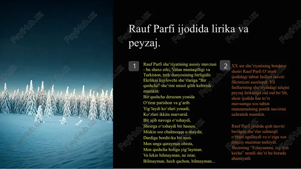 his-tuygʻulariga ishora qilmoqda: yiroqlarda guldirab ogʻir, shivirlaydi bahor tovushi. achchiq shamol sanchigʻi. yomgʻir. xulosa xulosa qilganda, rauf parfi tabiatning maftunkor va betakror farzandi bo`lmish bahor faslini o‘z hamrohi deb bilib, o‘z lirikasida mohirona tasvirlaydi. shoirimizning tabiat farzandi ekanligi yuqoridagi misralardan dalolat beradi. rauf parfi ijodida bahorobrazi turli xil manzaralarda gavdalanadi: bahorobrazi ijodkor nuqtayi nazari bilan turlicha talqin etiladi va bu obraz har safar o‘zining yangidan yangi qirralari bilan she’rning poetik ruhiyati va badiiyatini ta’minlashga xizmat qilganligi kuzatiladi. image2.jpeg image3.jpeg image4.jpeg image5.jpeg image6.jpeg image7.jpeg image1.jpeg