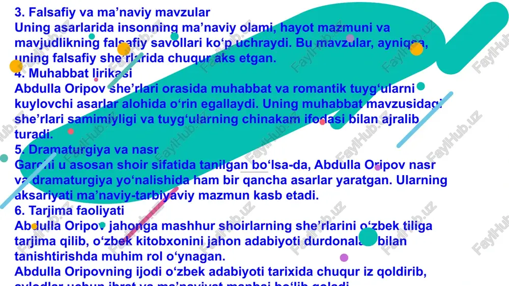 assomona ko‘z bilan ilg‘ab, musiqiy misralarda ifodalash, uning she’riyatidagi badiiy haqqoniyat uyg‘unligi – shoir she’rlarining takrorlanmas, o‘ziga xos xususiyatlaridandir. abdulla oripovdek shoirning qalbi ona zamin yanglig‘ saxovatlidir. zamin bag‘rida turfa xil gullar ochiladi, tikanlar o‘sadi. shu kabi shoirningqalbi ham o‘z tuyg‘ularidan turfa xil gullar – she’riyat gullarini armug‘on etadi. chindan ham abdulla oripovning she’rlari mohiyat e’tibori bilan voqe bo‘lgan she’rlardir. biz uchun, “shoir bir yurt” bo‘lgan o‘zbekiston uchun shoir ham, uning she’rlari ham hamisha aziz va ardoqlidir. foydalanilgan adabiyotlar roʻyxati: abdulla oripov. yuzma-yuz. — g‘afur g‘ulom nomidagi adabiyot va san’at nashriyoti. toshkent, 1978. abdulla oripov. yillar armoni. — g‘afur g‘ulom nomidagi adabiyot va san’at nashriyoti. toshkent, 1984. abdulla oripov. najot qal’asi. — g‘afur g‘ulom nomidagi adabiyot va san’at nashriyoti. toshkent, 1980. abdulla oripov. surat va siyrat. — “yosh gvardiya” nashriyoti, toshkent, 1981. abdulla oripov. mitti yulduz. — toshkent, 1965. abdulla oripov. surat va siyrat. — “yosh gvardiya” nashriyoti, toshkent, 1981. …