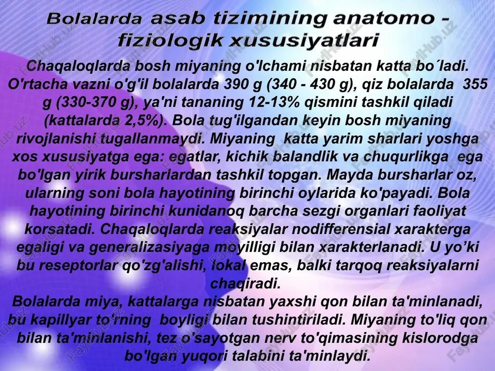 na vaznining 0,8% ni tashkil etadi (22 gr atrofida), kattalarda - 0,4%. o'ng va chap qorincha tenglashadi, devorlari qalinligi 5 mmni tashkil qiladi. chaqaloq miokardi juda yupqa mushak to'qimasidan iborat, biriktiruvchi to'qima kuchsiz rivojlangan, ko’ndalang fibrillyardan va ko'ndalang chiziqdan iborat. sog’lom bolalarda bir minutda puls soni yoshi puls soni chaqaloqlar 120-140 6 oy 130 1 yosh 120 5 yosh 100 shartsiz refleks shaklidagi tug’ma reaksiyalar bola hayotining birinchi kunlaridayo’q dunyoga kelganini xarakterlaydi. 1. moro refleksi: bola yotgan stol ustiga tukullatilganda, bola qo'llarini yonga yozadi keyin xuddi quchoqlaganday birlashtiradi. normada bu refleks 4 oyda yo'qoladi. 2. robinson refleksi: bolaning kaftiga biron narsani berilsa qattiq ushlab oladi. normada 2-4 oyda yo'qoladi. 3. kaft-og'iz refleksi (babkin refleksi): barmoq bilan bolaning tenerlariga bosilganda uning og'zi ochiladi. 3 oyda yo'qoladi. 4. emaklash refleksi (bauer refleksi): bola qornida yotganda tovonlariga qo'llarni qo'yib turilsa, u oldinga harakat qiladi. normada 4 oylarda yo'qoladi. 5. kernig refleksi: bolani oyoglari …