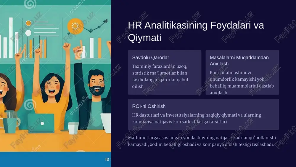asosiy stakeholderlarni natijalarni mos ravishda taqdim etish esingizda bo'lsin: hr analitikasining asosiy maqsadi - insoniy kapitaldan maksimal qiymat olish va xodimlarning hayotini yaxshilash orqali kompaniya muvaffaqiyatiga erishishdir. 1.7.2013 10 ‹#› image1.png image2.png image10.png image11.svg image12.png image13.png image14.svg image3.png image4.png image5.svg image6.png image7.png image8.svg image9.png image15.png image16.png image17.png image18.png image19.png image20.png /docprops/thumbnail.jpeg