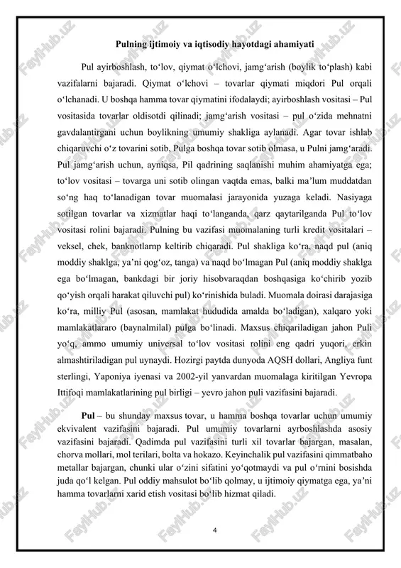 boshlash bilan shug'ullangan, qiymat ekvivalentisiz. barter (ing. barter — tovar ayirboshlash), muoʼvaza — valyutasiz (pul vositalari ishtirokisiz) bevosita tovar ayirboshlash; muayyan tovar (tovarlar) miqdorining qiymati boʻyicha muqobil boʻlgan boshqa tovar miqdoriga almashtirish shartnomasi. masalan, bir kishi o'zi va guruhi uchun zarur bo'lganidan ko'ra ko'proq baliq tutib, ortiqcha baliqni, o'ziga kerak bo'lganidan ko'proq makkajo'xori ekib, yig'ib olgan boshqa birovning ortig'iga almashtirdi. savdoning bu elementar shakli sivilizatsiyaning boshida hukmron bo'lgan va bugungi kunda ibtidoiy iqtisod odamlari orasida, pulga kirish qiyin bo'lgan hududlarda va hatto o'ziga xos vaziyatlarda ham, odamlar tovarlarni ularning qiymatini hisobga olmasdan ayirboshlashda uchraydi. bu, masalan, bola o'z do'sti bilan qimmatbaho o'yinchoqni boshqasiga almashtirganida, uni qadrlaydi. tuz tuz boshqa tovar puli bo'lib, uni olish qiyin, asosan qit'alarning ichki qismida oziq-ovqat uchun konservant sifatida ham foydalanilgan. chorvachilik ham, tuz ham portugal tilida ayirboshlash vositasi sifatidagi vazifasini iz qoldirdi, chunki biz lotincha ish pecus (qoramol) dan olingan pecunia (pul) va peculio (to'plangan …