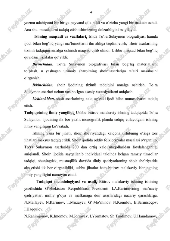 k ijodi va shoir she’riyati adabiyotda xalqchillik masalasi doimo adabiyotshunoslarning diqqat markazida bo‘lib kelgan. xalqonalik asarga ba’zida jo‘nlik olib kelsa, uni san’atkorona qo‘llash asarning ulug‘vor bo‘lishini ta’minlaydi. shoir asarlarida dastlab folklordan ta’sirlanish tarzida kuzatilgan xalq og‘zaki ijodi bilan aloqa keyinchalik to‘ra sulaymon folklorizmi shakllanishiga zamin bo‘ldi. o‘zbek adabiyotshunosligida folklor hamda yozma adabiyot aloqalari masalasi chuqur o‘rganilgan. xususan, folklorizm tushunchasi tadqiqiga doir b.sarimsoqov1 , i.yormatov2 , o.sobirov kabi olimlarning tadqiqotlarida bu masala atroflicha tahlil etilgan. folklorshunos g‘.mo‘minov , d.xoliqovalar xx asr 70-80- yillari o‘zbek adabiyotida folklorizm hodisasini o‘rgangan bo‘lsalar-da, ularda bu yillar o‘zbek she’riyatidagi folklorizmlar tabiatini o‘rganishga yetarlicha ahamiyat berilmaganligi ko‘zga tashlanadi. bu yo‘nalishda eng so‘nggi tadqiqotlardan biri folklorshunos l.sharipovaning “xx asrning 70-80- yillari o‘zbek she’riyatida folklorizm” nomli ishi davr folklorizmi tabiati borasida qimmatli ma’lumotlarni taqdim etadi. o‘tgan asrning 80-yillarida b.sarimsoqov tomonidan tasniflangan folklorizmlarning tuzilishi hamda badiiy asar syujetidagi o‘rniga ko‘ra turlari bugunga qadar o‘zbek adabiyotida folklorizm masalasi yuzasidan tadqiqotlar uchun …