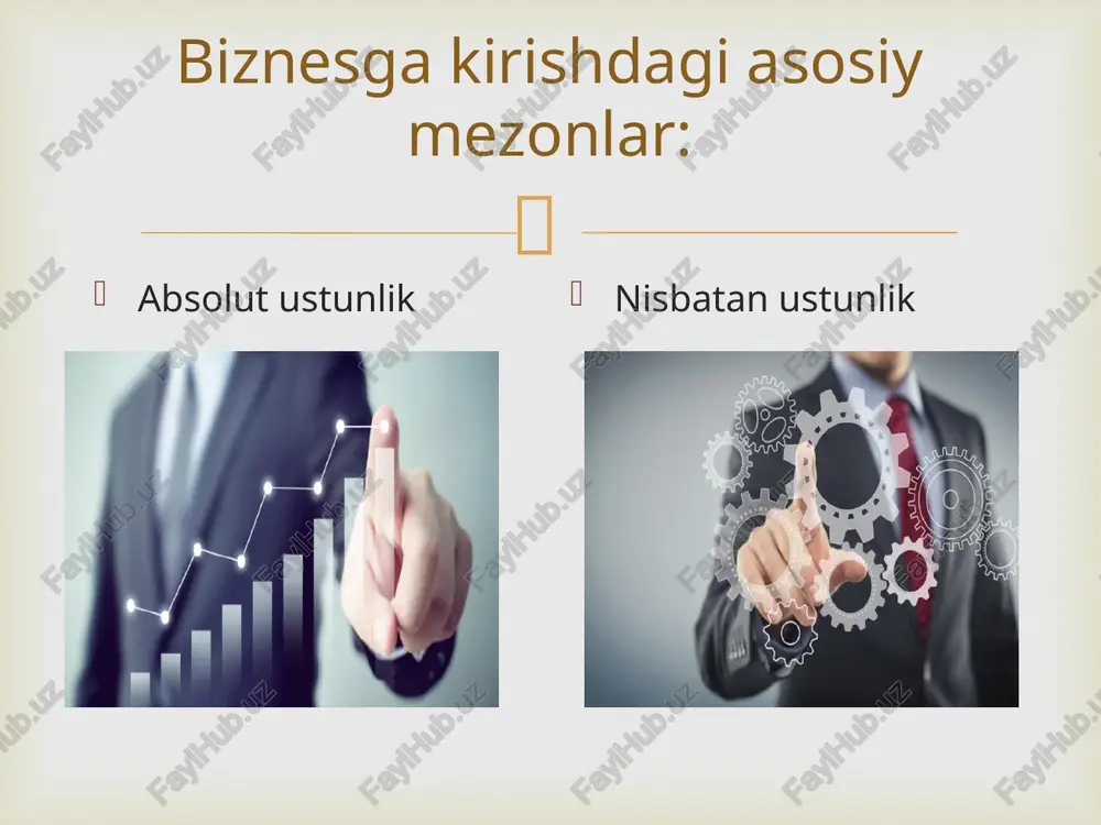 turga bo'lishadi: *biznes uchun ishlab chiqariluvchi mahsulotlar yoki xizmatlar; *oddiy iste'molchi uchun ishlab chiqariluvchi mahsulotlar yoki xizmatlar. tashqi omillar. tashqi omillar - bu korxona tashqarisidagi muhit. odatda korxonalar tashqi atrof-muhit bilan yaqin hamkorlikda rivojlanadi. aynan shu tashqi omillar korxona qanday mahsulot ishlab chiqarishi yoki qanday turdagi xizmatlar ko'rsatishi kerakligini aniqlaydi. quyida asosiy tashqi omillar keltirilgan: 1. hukumatning istisodiy yo‘nalishi; 2. mamlakatdagi ayni davrdagi iqtisodiy holat; 3. dunyodagi inqirozli holatlar. foyda olish modellari. biznes pulsiz juda yomon ishlaydi. bekorga pul - iqtisodiyotning qoni deb aytishmagan. biznesdan foyda olish modellarini tushunish uchun ularni bir nechtasini o'rganish kerak bo'ladi.  1. siz uchun biznes nima? 2. qanday biznes turini bilasiz (yoki shug’illangansiz)? 3. biznes bilan shug’illanish uchun qancha mablag’ kerak deb o’ylaysiz? 4. shaxsiy biznes boshlashda nimalarga katta e’tibor berish kerak? 5. o‘zbekiston bozorida qanday biznes muvaffaqqiyat keltiradi deb o’ylaysiz? savollar  e’tiboringiz uchun rahmat!  image3.png image4.png image5.png image6.png image7.png image8.png image9.png …