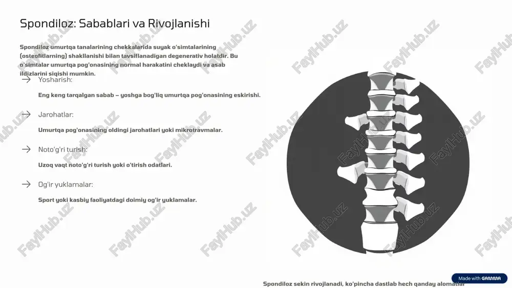 oy dietaga rioya qiling. stressni kamaytirish stress mushak tarangligiga olib kelishi mumkin, bu esa umurtqa muammolarini kuchaytiradi. reabilitatsiya mashqlari fizioterapevt bilan birga maxsus mashqlar rejasi umurtqa harakatini tiklashga yordam beradi. 9 xulosa va savollarga javoblar umurtqa sog'lig'i – hayot sifati kaliti biz umurtqa pog'onasining uchta keng tarqalgan kasalligi – osteoxondroz, spondiloz va spondiloartroz haqida asosiy ma'lumotlarni ko'rib chiqdik. ushbu kasalliklar jiddiy bo'lsa-da, ularning oldini olish, erta tashxislash va to'g'ri davolash orqali hayot sifatini sezilarli darajada yaxshilash mumkin. eng muhimi – o'zingizning umurtqa sog'lig'ingizga e'tiborli bo'lish, muntazam tibbiy ko'riklardan o'tish va sog'lom turmush tarziga rioya qilish. agar sizda umurtqa og'riqlari yoki noqulayliklar bo'lsa, mutaxassis shifokorga murojaat qiling. savollaringiz bormi? 10 image-1002-1.png image-1-1.png image-1003-1.png image-2-1.png image-1004-1.png image-3-1.png image-1005-1.png image-4-1.png image-4-2.png image-4-3.png image-4-4.png image-4-5.png image-1006-1.png image-5-1.png image-5-2.png image-5-3.png image-5-4.png image-5-5.png image-5-6.png image-5-7.png image-1007-1.png image-6-1.png image-6-2.png image-6-3.png image-6-4.png image-6-5.png image-6-6.png image-1008-1.png image-7-1.png image-1009-1.png image-8-1.png image-8-2.png image-8-3.png image-8-4.png image-1010-1.png image-9-1.png image-9-10.png image-9-2.png image-9-3.png image-9-4.png image-9-5.png …