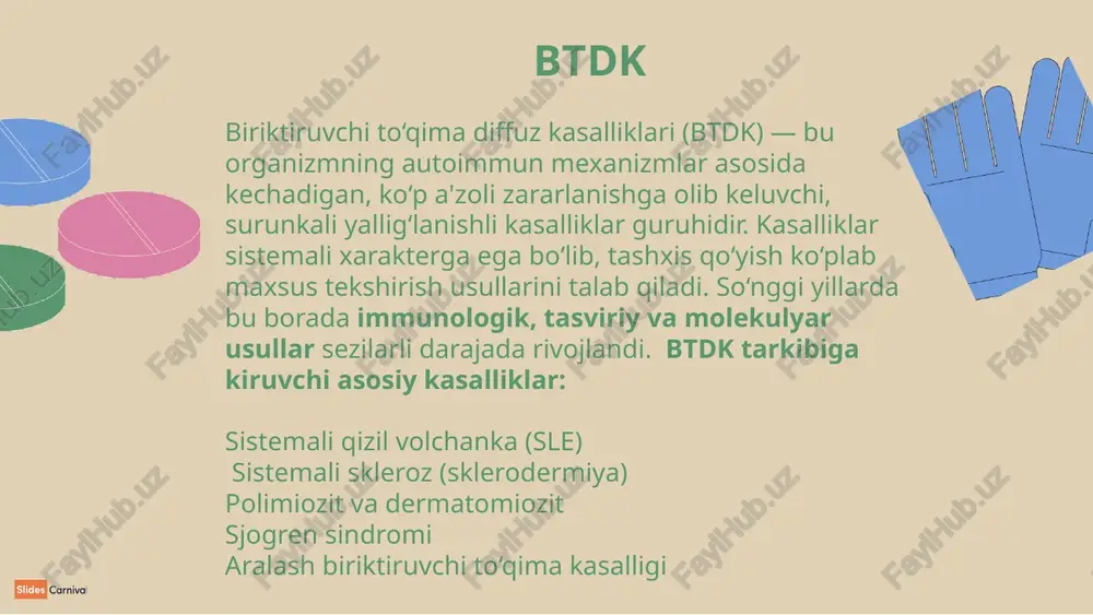 mlarida ayrim genetik variantlar bilan kasallikka moyillik aniqlangan. masalan: hla-drb1*04 → revmatoid artrit uchun asosiy risk omili stat4, irf5, ptpn22 genlaridagi polimorfizmlar → sleda kuzatiladi klinik foydasi: kasallikka moyillikni baholash (oilaviy anamnezda kasallik bo‘lsa, riski aniqlanadi) kasallikning og‘ir kechishi va davolashga javobini oldindan baholash mumkin farmakogenetika: dori vositalarining bemorga mos kelishini baholash 2. autoantitela profilingi (multiplex immunoassay yordamida) ta’rifi: autoantitela profilingi — bu bemor qonidagi bir nechta autoantitanalarni bir vaqtda aniqlovchi yuqori texnologik usuldir. bu klassik testlarga qaraganda tezroq, aniqroq va ko‘proq axborot beradi. qanday ishlaydi? eng keng tarqalgan texnologiyalar: luminex (mikrosfera asosidagi platforma) elisa multiplex formatlari protein chiplar (autoantigen mikroarray) bu usullarda har bir autoantitela uchun alohida “nuqta” yoki “boncuk” (mikrosfera) bo‘ladi, va bemorning serumi bilan reaksiyaga kirganda, faqat mos antitela bilan bog‘lanadi, natija esa kompyuter orqali o‘qiladi. afzalliklari: bir martada 15–20 ta autoantitelani aniqlash mumkin kamroq biomaterial talab etiladi (odatda bitta qon namunasi yetarli) tez va aniq natija …