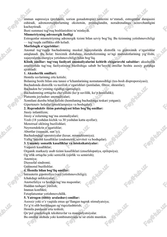 za, sabablari: · bachadon va bosh disproporsiyasi · tug‘ruq faoliyatining zaifligi · homilaning noto‘g‘ri joylashuvi yoki noto‘g‘ri kelishi 4. cho‘zilgan ikkinchi bosqich (ekspulsiya fazasi) 1. soxta dard (prodromal dardlar) agar dastlabki tekshiruvda bachadon bo‘ynining ochilishi kuzatilmasa, tug‘ruq boshlangan deb hisoblab bo‘lmaydi. agar dardlar davom etsa, 4 soatdan so‘ng qayta tekshiruv o‘tkaziladi. agar bachadon buyni o‘zgarishlar (silliqlashish, ochilish) kuzatilsa, tug‘ruq boshlangan deb baholanadi. agar bachadon buynida o‘zgarishlar yo‘q bo‘lsa — tashxis: soxta tugruk. 2. cho‘zilgan latent faza bu tashxis retrospektiv ravishda qo‘yiladi. ya’ni, dardalar muntazam bo‘lib, bachadon bo‘yni 5 sm gacha ochilsa, demak ayol latent fazada bo‘lgan. muhim: soxta dard yoki latent fazaning cho‘zilishi noto‘g‘ri tashxis qilinsa, bu keraksiz induksiya va stimulyatsiyaga olib keladi, natijada kesar kesish yoki amniotomiya xavfi ortadi. agar ayol 8 soatdan ziyod latent fazada bo‘lib, tug‘ruqda progress kuzatilmasa: bachadon bo‘yni holati tekshiriladi; agar hech qanday o‘zgarish bo‘lmasa va bola holati qoniqarli bo‘lsa, tug‘ruq hali boshlanmagan deb baholanishi …