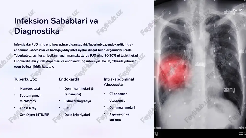 uddatli kuzatuv va muntazam diagnostika sababi aniqlanishiga yordam beradi. 40% infeksiyalar aniqlanish va davolash bilan yaxshi prognoz 30% malignant kasalliklar kasallikning turi va bosqichiga bog'liq prognoz 20% avtoimun kasalliklar davolash bilan ko'pincha yaxshi natija 10% sababi noaniq o'zgaruvchan prognoz, muntazam kuzatuv zarur 9 xulosa va klinik tavsiyalar kelib chiqishi ma'lum bo'lgan isitma bilan og'rigan bemorlarga tizmli yondashuv juda muhim. to'liq anamnez, jismoniy tekshiruv, laboratoriya va imaging testlari sababi aniqlanishiga yordam beradi. infeksiyalar, malignant kasalliklar va avtoimun kasalliklar eng ko'p uchraydigan sabablari bo'lib, har biri o'ziga xos diagnostika va davolash usullarini talab etadi. sababi noaniq bo'lgan holatda ham muntazam kuzatuv va qayta diagnostika davom ettiriladi. bemorlarga psixologik qo'llab-quvvatlash va tushuntirish davolash jarayonining muhim qismidir. zamonavoy diagnostika usullari va tizmli yondashuv fuo bilan og'rigan bemorlarda sababi aniqlanish ehtimolini sezilarli darajada oshiradi. muhim eslatma: fuo diagnostikasida sababi aniqlanish vaqti o'zgaruvchan bo'lib, ba'zi hollarda bir necha oyni olishi mumkin. muntazam kuzatuv, bemorlarga qo'llab-quvvatlash va …