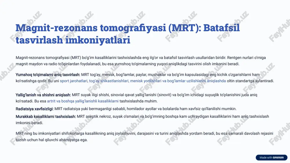 irlash usullari bilan bir qatorda laboratoriya tahlillari ham muhim rol o‘ynaydi. ular kasallikning sababini, yallig‘lanish darajasini va davolash samaradorligini baholashga yordam beradi. qon tahlillari: yallig‘lanish markerlari: eritrotsitlar cho‘kish tezligi (echt) va s-reaktiv protein (crp) darajasi organizmdagi yallig‘lanish jarayonining umumiy ko‘rsatkichlaridir. ularning oshishi yallig‘lanishli artritlar (masalan, revmatoid artrit) mavjudligidan dalolat berishi mumkin. revmatoid faktor (rf) va anti-siklik sitrullinlangan peptid antitanachalari (acpa): bu spetsifik markerlar revmatoid artritni tashxislashda juda muhimdir. acpa hatto kasallikning dastlabki bosqichlarida ham aniqlanishi mumkin. siydik kislotasi darajasi: siydik kislotasining qonda ko‘payishi podagra (artritning bir turi) rivojlanishiga olib keladi. antinuklear antitanachalar (ana) va anti-dsdns: bu antitanachalar tizimli qizil yugurik kabi autoimmun kasalliklarni aniqlashda qo‘llaniladi. hla-b27 geni: ushbu genning mavjudligi ankilozlovchi spondilit va boshqa spondiloartritlar bilan bog‘liq bo‘lishi mumkin. bo‘g‘im suyuqligi tahlillari: bo‘g‘im ponksiyasi orqali olingan suyuqlikni tahlil qilish juda qimmatli ma'lumot beradi: hujayra tarkibi: leykotsitlar sonining oshishi yallig‘lanish yoki infeksiya mavjudligini ko‘rsatadi. kristallar: mononatriy urat kristallari (podagrada) yoki kalsiy …