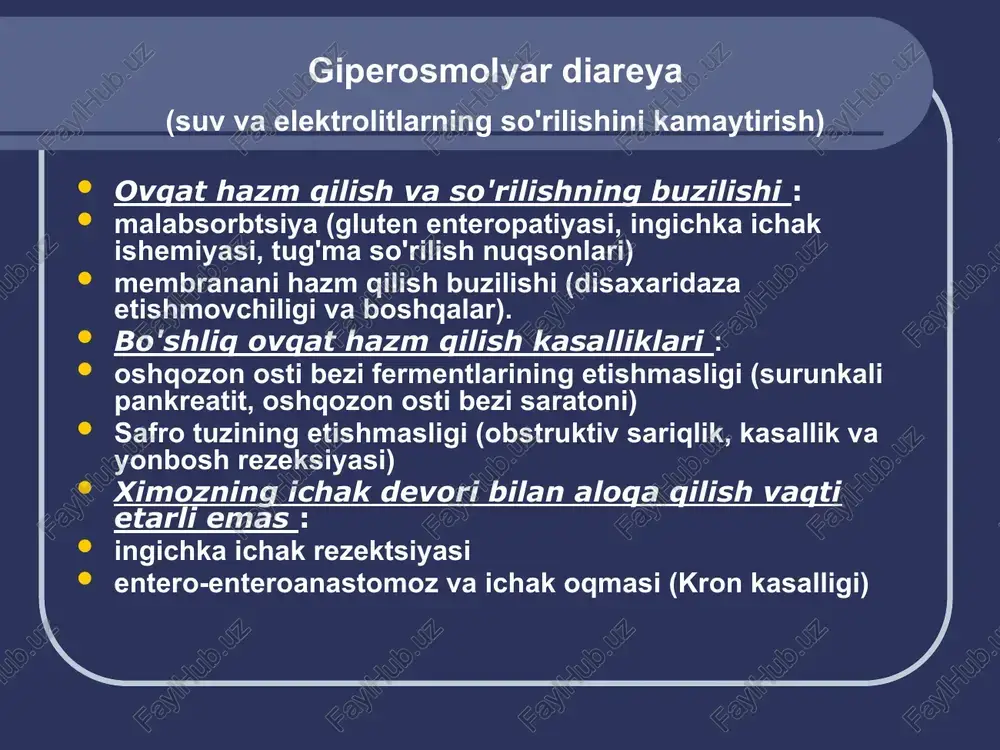 shikastlanishi kolik kabi qorin og'rig'i kamdan-kam hollarda eksikoz toksik gepatit kuchlanish to'xtatuvchisi enterokolit, kolit, gemokolit bilan kechadigan kasalliklar va yuqumli-toksik sindrom o'tkir dizenteriya ichak yersiniozi escherichiosis o157 uc antibiotik bilan bog'liq diareya amyobiaz gelmintozlar enterokolit, kolit, gemokolit bilan kechadigan kasalliklar infektsion-toksik sindromsiz ichak neoplazmalari endometrioz irritabiy ichak sindromi ichak yersiniozi gastrit, gastroenterit bilan boshlang o'ng tomonlama kolit, kamroq tez-tez - proktosigmoidit mezadenit gepatosplenomegali artrit ekzantema ikkilamchi fokal lezyonlar epidemiologik tarix (sabzavotli salatlarni iste'mol qilish) amyobiaz sekin-asta boshlash uzoq muddatli, takroriy kurs "malinali jele" ko'rinishidagi stul jigarning ishtiroki najasda eozinofillar mavjud. charcot-leyden kristallari, qizil qon hujayralari ustunlar shaklida sigmoidoskopiya nisbatan o'zgarmagan shilliq qavat fonida kichik giperemiya bilan xarakterli yopiq yaralarni aniqlaydi. epidemiologik tarixda - o'rta osiyo, zakavkazda qolish escherichiosis o157 gemorragik kolit bolalar va qariyalarda og'ir kurs murakkabliklar - gemolitik-uremik sindrom uc yiring va shilimshiqdan ko'ra ko'proq qon aralashmasi ko'pincha kuchli og'riq ichakdan tashqari ko'rinishlar (gepatit, bo'g'imlarning shikastlanishi, vazn yo'qotish, anemiya, …
