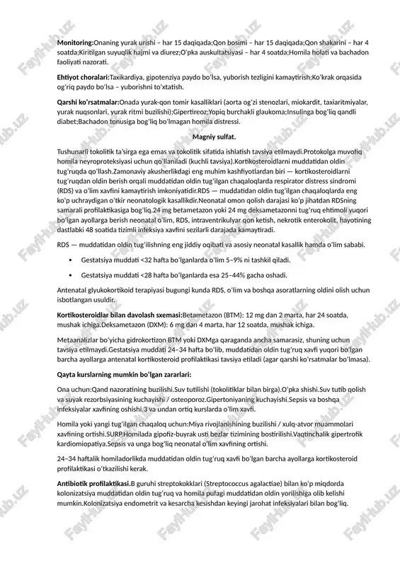 chi doza tug‘ruqdan kamida 4 soat oldin berilishi kerak.agar kesarcha kesish tug‘ruq boshlanishidan oldin va pufak butunligida qilinsa, antibiotik profilaktikasi tavsiya etilmaydi. tug‘ruq jarayonini boshqarish: muddatidan oldin tug‘ruqda har qanday og‘riqsizlantirish usuli qo‘llanishi mumkin. epidural analgeziya narkotik analgetiklarga qaraganda afzal.rutin epiziotomiya qilinmaydi.g‘ildirakli qisqichlardan foydalanish samarali emas.34 haftagacha vakuum qo‘llanmaydi (subgaleal gematoma xavfi yuqori).rutin kesarcha kesish neonatal natijalarni yaxshilash uchun tavsiya etilmaydi.kesarcha kesish faqat akusherlik ko‘rsatmalar bo‘lsa amalga oshiriladi.oyoq bilan kelishda (nojnoye predlejanie) kesarcha kesish tavsiya etiladi.muddatidan oldin tug‘ilgan chaqaloqda kindik kechiktirib (1–3 daqiqa) qisish — anemiya va ivq xavfini kamaytiradi. muddatidan oldin tug‘ilishni oldini olish a) birlamchi profilaktika (homiladorlikdan oldin) tavsiya etiladi:bachadon ichi bo‘shlig‘ida takroriy manipulyatsiyalarni (masalan, bachadon bo‘shlig‘ini diagnostik qirib tashlash yoki tibbiy abort paytida kuretaj qilish) cheklash (s).sun’iy urug‘lantirish (yordamchi reproduktiv texnologiyalar) orqali homilador bo‘lgan bolalarda muddatidan oldin tug‘ilish xavfi yuqoriligi haqida jamoatchilikni xabardor qilish (b). tavsiya etilmaydi:homiladorlikdan oldin va homiladorlik davomida polivitaminlar va biologik faol qo‘shimchalarni qabul …