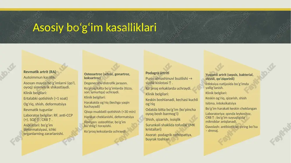 lotasining koʻpayishi: organizmdagi siydik kislotasi darajasining oshishi podagraning asosiy sababi hisoblanadi. kristallarning toʻplanishi: siydik kislotasi kristallari boʻgʻimlarda toʻplanib, yalligʻlanishga olib keladi. 17 podagra belgilari: oʻtkir hujumlar: boʻgʻimlarda (koʻpincha bosh barmogʻida) keskin ogʻriq, shish, qizarish va mahalliy haroratning koʻtarilishi kuzatiladi. yalligʻlanish: taʼsirlangan boʻgʻim atrofida yalligʻlanish jarayoni rivojlanadi. davolash va oldini olish: dori-darmonlar: oʻtkir hujumlar paytida ogʻriqni kamaytirish uchun dori-darmonlar buyuriladi. parhez oʻzgarishlari: baʼzi oziq-ovqat mahsulotlaridan voz kechish orqali xavfni kamaytirish mumkin. uzoq muddatli davolash: tez-tez xurujlar boʻlsa yoki buyrak toshlari kabi asoratlar boʻlsa, qondagi siydik kislotasi darajasini pasaytirish uchun uzoq muddatli dori-darmonlar buyurilishi mumkin. shifokorga murojaat qilish: podagradan shubhalansangiz, imkon qadar tezroq revmatologga murojaat qilish muhimdir, revmatik artrit – autoimmun jarayon, simmetrik shikastlanish va deformatsiya. osteoartroz – degenerativ kasallik, asosan katta bo‘g‘imlarda. podagra – metabolik buzilish, siydik kislotasi kristallari, to‘satdan og‘riq. yuqumli artrit – mikroblar sababli, og‘ir umumiy ahvol bilan kechadi. xulosa 19 image5.jfif image6.jfif image7.jfif image8.jfif image9.png image10.jfif image11.jpeg image12.jpeg …