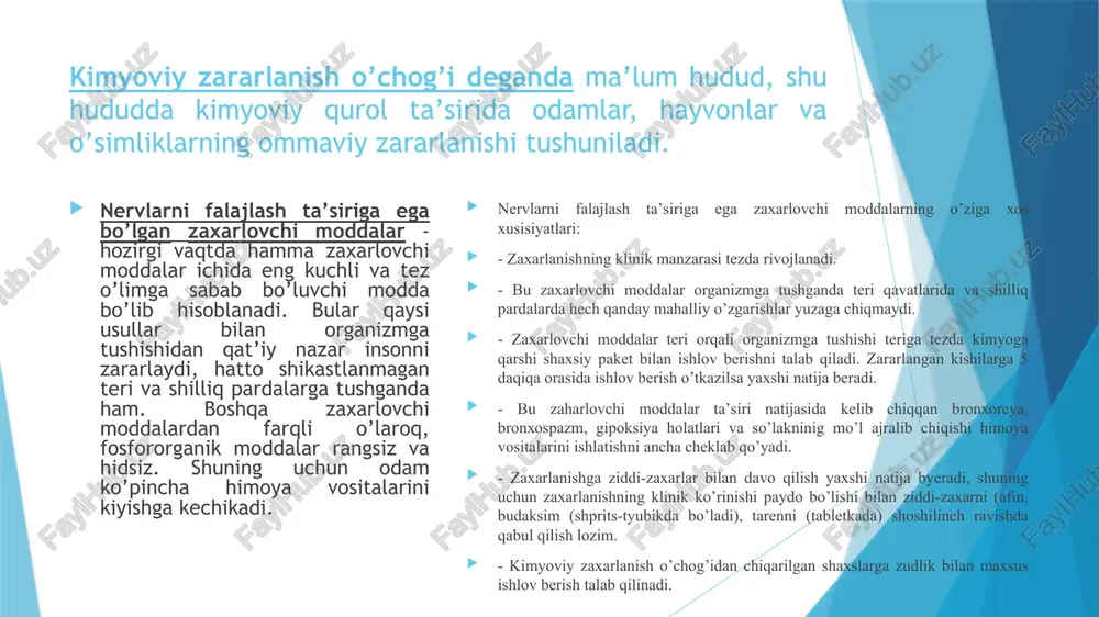 bosh og’rishi (ayniqsa, peshona sohasida) bosh aylanishi va ko’ngil aynashidan shikoyat qiladilar. o’rta darajali zararlanish - og’ir kechishi bilan ifodalanadi. yengil darajali zararlanishdagi klinik alomatlarga qo’shimcha ya’ni havo yetishmovchiligi, ko’krak qisilishi alomatlari paydo bo’ladi, hansirash yuzaga keladi. og’ir darajadagi zararlanish - (talvasa-falajlanish shakli) alomatlari kuchli rivojlanishi hamda tez vaqt ichida namoyon bo’lishi bilan ifodalanadi. yuqori kontsentratsiyadagi zaxarlovchi moddalarning bug’lari havo orqali nafas olinganda qisqa vaqt davomida klinik alomatlar - bronxospazm, so’lak oqishi, terlash, arterial bosimning pasayishi, ko’ngil aynash, qusish va boshqalar yuzaga keladi. zararlanishining og’ir darajasi boshlang’ich, talvasa tutishi, falajlanish yoki komatoz bosqichlarda o’tadi. umumiy zararlanish ta’siriga ega bo’lgan zaxarlovchi moddalarga - sinil kislotasi va xlortsian kiradi. sinil kislota aqsh davlatining xarbiy qo’shinlarida zaxarlovchi modda sifatida o’rin tutadi va yuqori zaxarli birikma qatoriga kiradi. o’tkir formadagi zaxarlanish sekin yoki yashin tezligida o’tishi mumkin. yashin tezligidagi forma qisqa vaqt davomida (2-5 daqiqa) inson organizmiga ko’p miqdorda zaxarli modda tushganda sodir bo’ladi. …