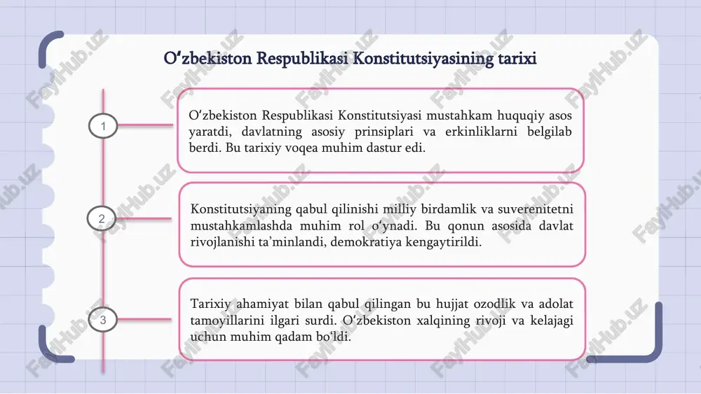 folatlanadi. fuqarolarning huquq va erkinliklari konstitutsiya shaxs erkinligi, inson huquqlarini himoya qilish va fuqarolarning teng huquqliligini kafolatlashga katta eʼtibor qaratadi. u asosiy madaniy, siyosiy va ijtimoiy huquqlarni soʻz erkinligi, diniy erkinlik, mehnat va taʼlim huquqi, shaxsiy daxlsizlik kabi kafolatlarni belgilaydi. konstitutsiya shuningdek davlatdan ijtimoiy himoya, sogʻliqni saqlash va taʼlimga oid majburiyatlarini ham ko‘rsatadi, bu esa jamiyatdagi ijtimoiy barqarorlikni taʼminlashga xizmat qiladi. 1 2 3 konstitutsiya va inson huquqlari himoyasi konstitutsiya har bir fuqaroning inson qadr-qimmati, huquq va erkinliklarini ta'minlash davlatning eng oliy maqsadi ekanligini belgilaydi. shaxsiy ma'lumotlar himoyasi har bir fuqaroning shaxsiy hayoti, yashirin perepiskasi va aloqalari daxlsizligi kafolatlanadi. shaxsiy malumotlarni yig'ish va ishlatish qat'iy tartibga solingan. so'z erkinligi har kim o'z fikr va qarashlarini erkin bildirish, axborot olish va tarqatish huquqiga ega. tsenzura taqiqlangan va ommaviy axborot vositalari erkin faoliyat yuritadi. xalqaro himoya mexanizmi fuqarolar ichki huquqiy himoya mexanizmlaridan so'ng xalqaro huquqiy organlarga murojaat qilish huquqiga ega. bu inson …