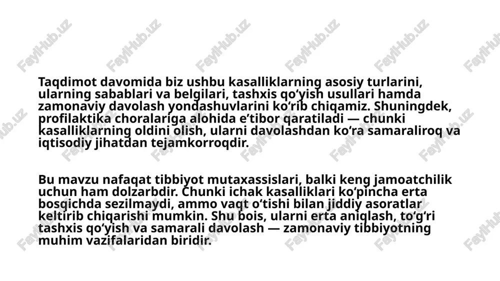 sixologik bosim — ichak faoliyati asab tizimi bilan chambarchas bog‘liq. doimiy stress ichak kasalliklarini kuchaytiradi. - infeksiyalar — viruslar, bakteriyalar va parazitlar ichak shilliq qavatini zararlaydi, yallig‘lanish jarayonlarini keltirib chiqaradi. - genetik moyillik — ayrim kasalliklar (masalan, poliplar yoki kolorektal saraton) irsiy omillar bilan bog‘liq bo‘lishi mumkin. - gigiyena va ekologik omillar — ichimlik suvining sifati, gigiyenik sharoitlar va zararli moddalar bilan aloqa ichak salomatligiga ta’sir qiladi. kasalliklarning sabablari va xavf omillarini chuqur tushunish — profilaktika choralarini to‘g‘ri tanlash va sog‘lom turmush tarzini shakllantirishda muhim ahamiyatga ega. tashxis qo‘yish jarayoni kasallikni aniqlash va davolash strategiyasini belgilashda muhim ahamiyatga ega. zamonaviy tibbiyotda kolonoskopiya — yo‘g‘on ichakni to‘liq ko‘rib chiqish imkonini beruvchi endoskopik usul — eng samarali diagnostik vositalardan biri hisoblanadi. rektoskopiya va anoskopiya esa to‘g‘ri ichak kasalliklarini aniqlashda qo‘llaniladi. biopsiya yordamida shubhali o‘sma yoki poliplardan to‘qima namunasi olinib, histologik tekshiruv o‘tkaziladi. laborator tahlillar orqali najasdagi yashirin qon, yallig‘lanish markerlari, parazitlar yoki …