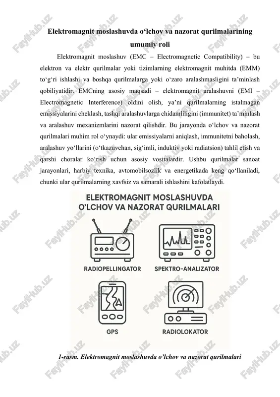 zimlariga ta’sirini oldindan sezish. · xavfsizlik marjalari: kritik tizimlarda (masalan, kosmik texnikada) 12 db dan ortiq marja ta’minlash uchun emissiya va immunitetni nazorat qilish. · misollar: yadroviy elektr stansiyasida simsiz telefonlarning emissiyasi turbina boshqaruv klapanlariga aralashganida, o‘lchov qurilmalari manbani aniqlab, cheklovlarni joriy etgan. shuningdek, tramvay avariyasida quvvat liniyalaridagi transientlarni tahlil qilish orqali boshqaruv sxemasi o‘zgartirilgan. standartlar va qonunchilikdagi o‘rni emc qurilmalari xalqaro standartlarga mos kelishi shart: · iec 61000 seriyasi: immunitet testlari (masalan, tezkor transientlar va pulsli aralashuv) uchun o‘lchov apparatlari belgilangan. · cispr standartlari: avtomobil va sanoat radio shovqinlari uchun emissiya limitlari (masalan, cispr 12, 25). · yevropa emc direktivasi (2014/30/eu): qurilmalarni ce belgisi bilan tasdiqlash uchun testlar talab qiladi, shu jumladan emissiya (re/ce) va immunitet (rs/cs) o‘lchovlari. · boshqa standartlar: mil-std-461 harbiy emissiyalar uchun; sae j551-2 avtomobil immuniteti uchun. ushbu standartlar bo‘yicha testlar laboratoriyalarda (masalan, reverberatsiya kameralarida) o‘tkaziladi va qurilmalarning to‘liq immunitetini yoki xavfsiz nosozlik rejimini ta’minlaydi. o‘lchov …