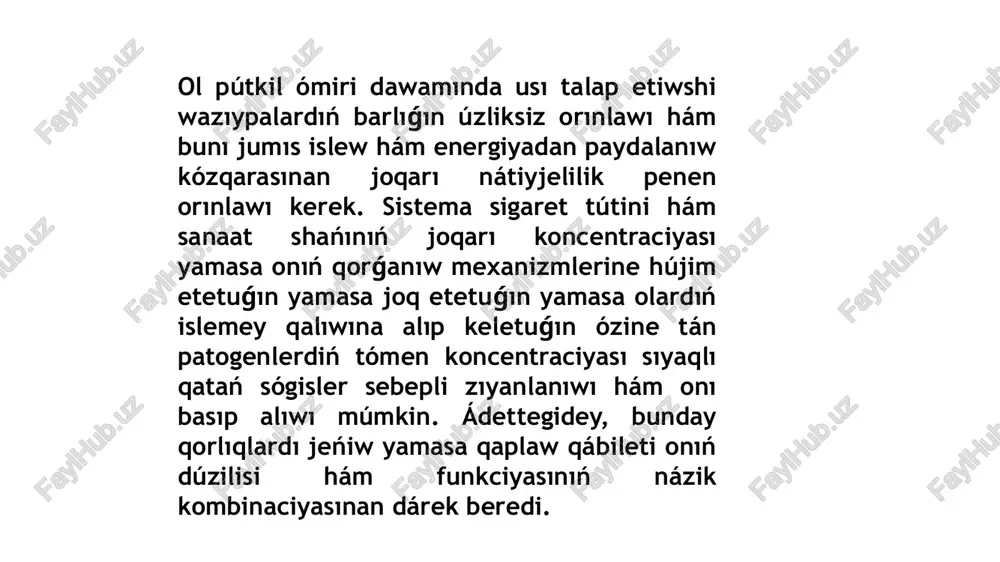 aǵzalar tárepinen qabıl yetilgen nurlanıw dozaların anıqlaydı. icrp jaylastırıw modeli hár bir tazalaw jolına kiriwshi ingalyaciyalanǵan material muǵdarın bahalaw ushın qollanıladi. bul diskret jollar 3-súwrette kórsetilgen bóliniw modeli menen kórsetiledi. olar 1-súwrette kórsetilgen anatomiyalıq bólimlerge sáykes keledi hám dem alıp atırǵan bólekshelerdiń dozimetriyası boyınsha jol-joba kórsetetuǵın basqa toparlar menen bir qatarda 1-kestede jámlengen. 1994-jılǵı icrp modelinde hár bir oblasttan waqıtqa baylanıslı bolǵan bólekshelerdi tasıwdı ańlatıwshı bóleksheler modeli paydalang`an a`debiyatlar 1. abdullaev a. x. odam va hayvonlar fiziologiyasi. - toshkent: o‘qituvchi, 2019. 2. karimov m. a., soliyev b. b. biologiya (abituriyentlar uchun qo‘llanma). - toshkent: iste’dod, 2020. 3. jalilov s. a. odam anatomiyasi va fiziologiyasi. - toshkent: fan va texnologiya, 2021. 4. axmedov h. umumiy biologiya. - samarqand: zarafshon, 2018. 5. g‘aniyev s. tibbiyot fiziologiyasi asoslari. - buxoro: tibbiyot nashriyoti, 2020. 6. tortora g. j., derrickson b. h. principles of anatomy and physiology. - wiley, 2021. 7. marieb e. n., hoehn …