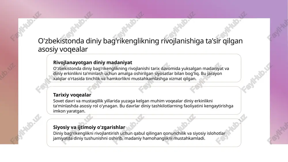 r bilan hamkorlikni kuchaytirdi va madaniy aloqalarni rivojlantirdi. 3 diniy tashkilotlarning roli - diniy tashkilotlar va jamiyat liderlari yangi qonunlar asosida faoliyat yuritib, diniy bag'rikenglikni kengaytirishda muhim rol o'ynaydi. 4 yangi yondashuvlar - o'zbekistonda diniy erkinlikni kengaytirish uchun ta'lim, madaniyat va huquq sohalarida innovatsion yondashuvlar va siyosiy strategiyalar joriy qilindi. jamiyatdagi diniy bag'rikenglikni rivojlantirishdagi ijtimoiy va madaniy o'zgarishlar 1 yangi qonunchilik tizimi o'zbekistonda diniy erkinlikni ta’minlash uchun qabul qilingan qonunlar va siyosatlar, jamiyatda diniy bag'rikenglikni mustahkamlashda muhim rol o'ynadi. 2 madaniy almashuvlar tarix davomida amalga oshirilgan madaniy va diniy aloqalar, turli konfessiyalar o'rtasida tushunishni rivojlantirib, ijtimoiy hamjihatlikni oshirdi. 3 ijtimoiy ong va ta'lim diniy bag'rikenglikni rivojlantirishda ta'lim va ommaviy axborot vositalarining roli katta. ular madaniy tafovutlarni qabul qilish va tushunishni kengaytiradi. xulosa 01 diniy bag'rikenglikning tarixiy asoslari o'zbekiston tarixida diniy bag'rikenglik asoslari, madaniy va diniy aloqalar rivojlanishi bilan mustahkamlangan, milliy identitet va tinchlik uchun muhim ahamiyat kasb etadi. 02 siyosiy …