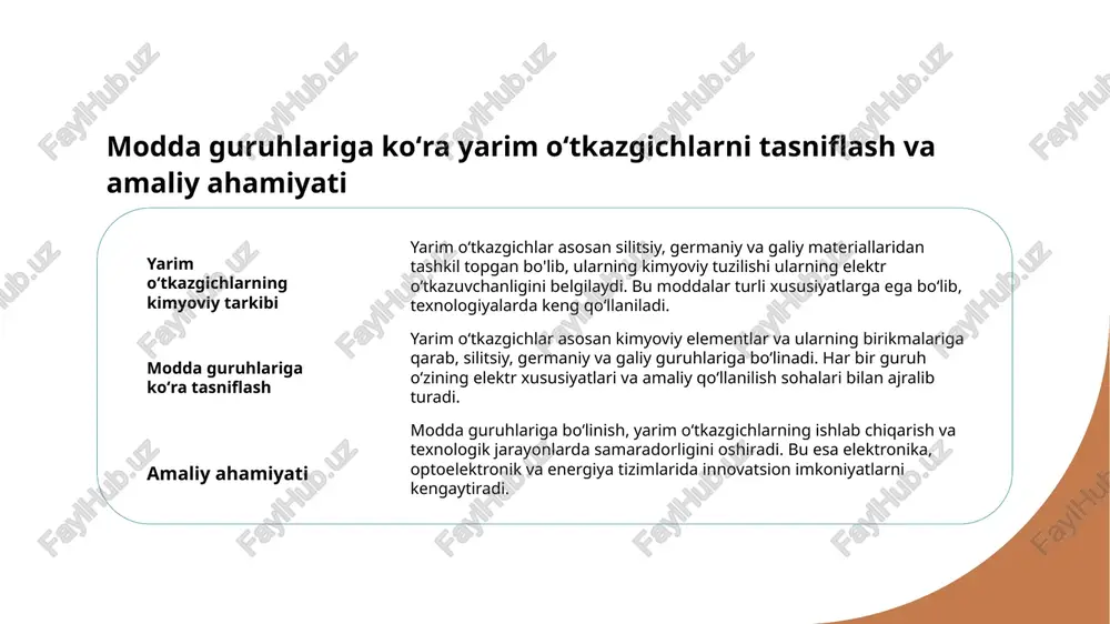 . yangi materiallar va ishlab chiqarish texnologiyalari yordamida yarim oʻtkazgichlarning funksionalligi va ishonchliligi oshirilmoqda, bu esa ilgʻor elektron qurilmalar yaratishda muhimdir. kimyoviy tuzilishi boʻyicha yarim oʻtkazgichlar ishlab chiqarish texnologiyalari. 1 kimyoviy tuzilishi - yarim oʻtkazgichlar ishlab chiqarish jarayonida ularning kimyoviy tuzilishi muhim ahamiyatga ega, chunki bu ularning elektr xususiyatlarini belgilaydi va texnologik qoʻllanilishini ta’minlaydi. 2 kimyoviy birikmalar - yarim oʻtkazgichlar odatda kislota, asos va oksidlar kabi kimyoviy birikmalardan tayyorlanadi, bu esa ularning xiralashuvi va xususiyatlarini nazorat qilish imkonini beradi. 3 qurilish texnologiyalari - yangi texnologiyalar yordamida kimyoviy tarkibni o'zgartirish va optimallashtirish, yuqori sifatli va arzon ishlab chiqarish uchun innovatsion usullar joriy qilinmoqda. amaliy sohalarda yarim oʻtkazgichlar texnologiyalarining innovatsion yondashuvlari. yangi texnologiyalar zamonaviy yarim oʻtkazgich texnologiyalari innovatsion yechimlar bilan energiya samaradorligini oshiradi va ishlab chiqarish jarayonlarini soddalashtiradi. sun’iy intellekt integratsiyasi sun’iy intellekt va aqlli tizimlar yordamida yarim oʻtkazgichlar ishlab chiqarishi va boshqaruvi avtomatlashtiriladi, bu esa texnologik rivojlanishni tezlashtiradi. ekologik xavfsizlik innovatsion …
