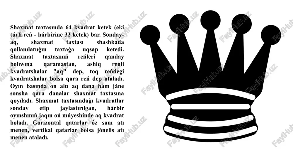 t gorizontal, keyin bir kvadrat vertikal tárizde jilistiriw yaki bir kvadrat gorizontal, keyin eki kvadrat vertikal tárizde, yagniy l háribi kórinisinde ámelge asırıw múmkin. attıń aldında turǵan basqa danalar oǵan tosqınlıq ete almaydı[ paydalang`an a`debiyatlar 1 „the staunton standard“. www.worldchesshof.org. qaraldi: 26-iyul 2023-yil. o‘yin qoidasi. taxta va sipohlar nomlanishi — 20-bet. qaraldi: 26-iyul 2023-yil. shaxmat donalari. yosh kuch — 122-bet. qaraldi: 26-iyul 2023-yil. o'yin qoidalari. toshkent: yosh kuch, 2021 — 134-bet. qaraldi: 26-iyul 2023-yil. „rules of chess.“. www.academickids.com. qaraldi: 30-iyul 2023-yil. „chess rules: complete list of official rules of chess“. www.chessjournal.com. qaraldi: 28-iyul 2023-yil. image1.png image2.png image3.png image4.png image5.png image6.png image7.png image8.png image9.png image10.png /docprops/thumbnail.jpeg