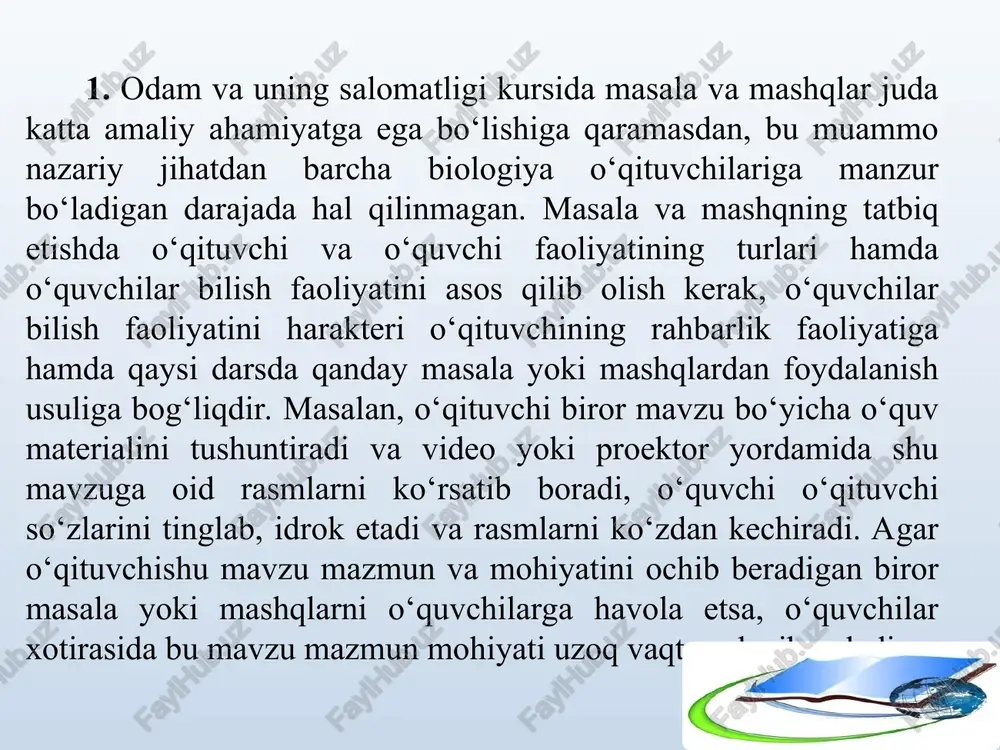 lar, katalizatorlar, muhitning kislotali, ishqoriy va neytral reksiyalari kimyodan olingan bilimlarga tayanib o‘rganiladi; - plastik va energetik almashinuvni o‘rganishda o‘quvchilarning jonli va jonsiz tabiatdagi hayot birligi haqidagi xulosaga olib kelish uchun energiyaning saqlanish va bir turdan ikkinchi turga aylanish qonuni oid masalalar yechishda kimyoviy bilimlardan foydalaniladi; - issiqlikning boshqarilishi to‘g‘risidagi tushunchani shakllantirishda fizikadagi bug‘ hosil bo‘lishidagi solishtirma issiqlik bo‘yicha olingan bilimlarga asoslanadi; - ko‘rish organi–ko‘zning funksiyalari optikaga oid bilimlar asosida tushuntiriladi. kurs mavzusi fizik tushunchalar biologik tushunchalar (odam va uning salomatligi) tayanch harakatlanish sistemasi og'irlik kuchi, jism massasi (6-sinf). kuchning bosimi (7-sinf). jismlarning tayanch yuzasiga beradigan bosimi (6-sinf). og'irlik markazi. o'zaro bog'langan jismlar sitemasi (6-sinf). elastiklik, qattiqlik va mo'rtlik (7-sinf). ish, quvvat, energiya (7-sinf). richag (6-sinf). dinamometr (6-sinf). elektr toki haqida tushunchalar. tok manbalari. elektr zanjiri (6-sinf). skeletni o'rganishda tayanch yuzasi va tananing og'irlik markazi. suyaklarning xossalari. muskullarning ishi. nerv muskul preparati ustida qo'yiladigan tajribalar. muskullarning ishi qon va qon …