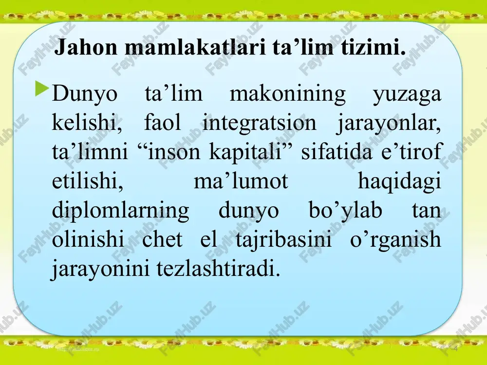da amalga oshiriladi; 2-bakalavr 4 yillik kollejlarda- 4 yillik dorilfunini tugatgan; 3-bosqich 1-2 yillik magistr maktabi; 4-bosqich aspirantura, doktorantura. 11 yaponiya ta’lim tizimi yaponiya zamonaviy ta’lim tizimining tarixi quyidagi 5ta davrga bo‘linadi: asos solingan davr. 1867-1885 yillarni qamrab oladi. 2. birlashuv (konsolidatsiya) davri. 1886-1916 yillarni o‘z ichiga oladi. 3. tarqalish (ekspansiya) davri. 1917-1936 yillarni o‘z ichiga oladi. 4. harbiy davr. 1937-1945 yillar. 5. zamonaviy davr. 1945dan hozirgi davrgacha ta’lim islohotlari. hozirgi zamon yapon ta’lim tizimining tarkibi quyidagicha: bog‘chalar, boshlang‘ich maktab, kichik o‘rta maktab, yuqori o‘rta maktab, oliy ta’lim tizimlariga kiruvchi oliy o‘quv yurtlari. yaponiyada oliy ta’lim yaponiyada oliy ta’lim majburiy hisoblanadi va u kasb ta’limi bilan uzviy bog‘liqdir. oliy ta’lim tizimi quyidagi turlarni o‘z ichiga oladi: 1. to‘liq sikldagi universitetlar (4 yil). 2. tezlashtirilgan universitetlar sikli (2 yil). 3. kasb ta’lim kollejlari. 4. texnika institutlari. 12 germaniya ta’lim tizimi bir necha bosqichni o’z ichiga oladi: elementar ta’lim: maktabgacha muassasalar 3 …