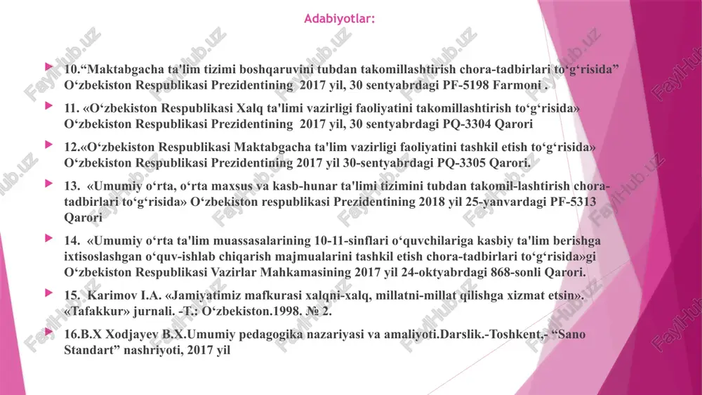 qitlardan xalos bo’lmagani, uzluksiz ta’lim tizimida hal etilishi kerak bo’lgan muammolarning mavjudligi bilindi. shunig uchun ham ta’lim tizimida islohot kerakligiga zaruriyat paydo bo’ldi. isloxotlar qabul qilingan dasturga muvofiq, mamlakatimizda 9+3 sxemasi bo’yicha 12 yillik umumiy majburiy bepul ta’lim tizimi joriy etildi. yurtimizda amalga oshirilayotgan modelning prinsipial xususiyati avvalo shundaki, umumta’lim maktabidagi 9 yillik o’qishdan so’ng o’quvchilar keyingi 3 yil davomida ixtisoslashtirilgan kasb-hunar kollejlari va akademik litseylarda tahsil olib, ularning har biri umumta’lim fanlari bilan birga mehnat bozorida talab qilinadigan 2-3 ta mutaxassislik bo’yicha kasb-hunarlarni ham egallash nazarda tutildi. mdh davlatlari ichida birinchi bo’lib davlat ta’lim standartlari ishlab chiqildi va joriy etildi. birinchi prezidentimiz “darsliklarda millat fikrining, millat tafakkuri va millat mafkurasining eng ilg’or namunalari aks etishi kerak” degan g oyasidan kelib chiqib darsliklarning yangi avlodi yaratildi.darslik va o’quv qo’llanmalarini yaratish bo’yicha sog’lom ijodiy muhit yaratildi. isloxotlar mustaqillik yillarida ta’lim jarayonini yangicha talablar asosida tashkilqilish, takomillashtirish bo’yicha olib borilgan jiddiy izlanishlar …