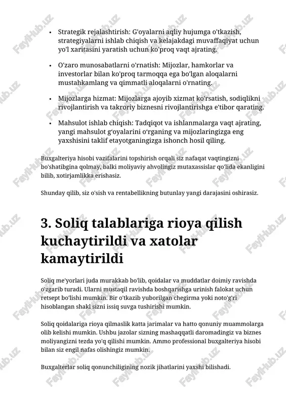 ini va barcha tegishli qoidalarga muvofiqligini ta'minlaydi. doolada bizning buxgalteriya xizmatlarimiz ham yonma-yon ishlaydi soliq deklaratsiyasi. doolaning soliq mutaxassislari jamoasi eng so'nggi soliq kodlari bo'yicha dolzarb bo'lib turadi. shunday qilib, sizning biznesingiz barcha mavjud chegirmalar va kreditlardan foydalanishini ta'minlang. biz sizning daromadlaringiz va xarajatlaringizni sinchkovlik bilan tasniflaymiz va xatolik xavfini minimallashtiramiz. buni soliq qalqoni deb o'ylab ko'ring - professional buxgalteriya biznesingizni qimmat jarimalardan himoya qiladi va qarzingizni to'liq to'lashni ta'minlaydi. bu sizga soliq mavsumida va undan keyin moliyaviy ahvolingiz xavfsiz ekanligiga ishonch hosil qiladi. 4. moliyaviy tushunchalarning yaxshilanishi va biznesning o'sishi professional buxgalterlar asosiy tendentsiyalar va naqshlarni aniqlash uchun sizning tasniflangan moliyaviy yozuvlaringizni tahlil qiladilar. ular sizning savdolaringiz barqaror o'sib borayotganini ko'rishadi, xarajatlar ko'payishi mumkin bo'lgan joylarni aniqlaydilar va marketing kampaniyalaringiz samaradorligini kuzatadilar. bu moliyaviy razvedka biznesingiz qayerda turgani va qayerga borishi mumkinligini ochib beruvchi yo'l xaritasiga o'xshaydi. ushbu tushunchalar bilan biznes strategiyangizni optimallashtirish uchun asosli qarorlar qabul qilishingiz mumkin. …