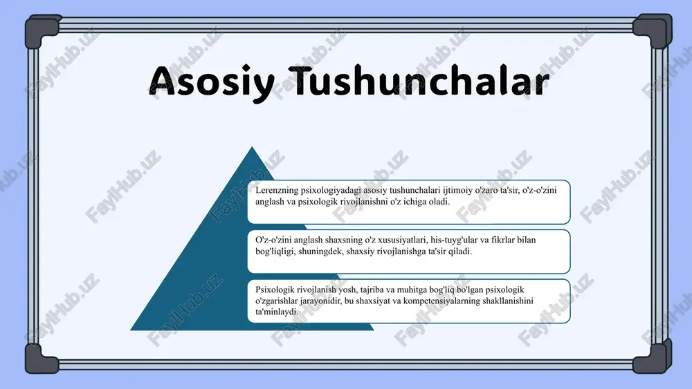 llar yordamida muammo yoki muhitni yaxshilash uchun chora-tadbirlar ishlab chiqiladi. yaxshi psixologik muhit tashkil etish uchun rahbarlar va xodimlar o'rtasida ochiq muloqot, hamkorlik va ijobiy muhitni rivojlantirish lozim. bu ish unumdorligini oshirishga xizmat qiladi. psixologiya va shaxsiy rivojlanish psixologiyaning shaxsiy rivojlanishdagi roli muhim bo'lib, u insonning o'z-o'zini anglash, motivatsiya va emotsional barqarorlikni rivojlantirishda asosiy o'rin tutadi. psixologik metodlar orqali shaxsning o'z salohiyatini ochishga yordam beriladi. o'z-o'zini anglash shaxsiy rivojlanishda asosiy omil hisoblanadi. bu jarayon orqali inson o'z kuchli va zaif tomonlarini bilib oladi, shuningdek, maqsadlarini aniqlash va ularni amalga oshirish uchun strategiyalar ishlab chiqadi. shaxsiy maqsadlar belgilash va ularga erishish psixologik barqarorlikni mustahkamlashga yordam beradi. psixologiya usullari bilan o'z-o'zini boshqarish va motivatsiya qilish imkoniyatlari kengayadi. photo by annie spratt on unsplash 1 2 3 psixologiyaning asosiy nazariyalari psixologiyaning asosiy nazariyalari psixoanaliz, behaviorizm va kognitiv psixologiyadan iborat. psixoanaliz freydga taalluqli bo'lib, inson ichki dunyosiga e'tibor qaratadi. behaviorizm pavlov va skinners tomonidan …